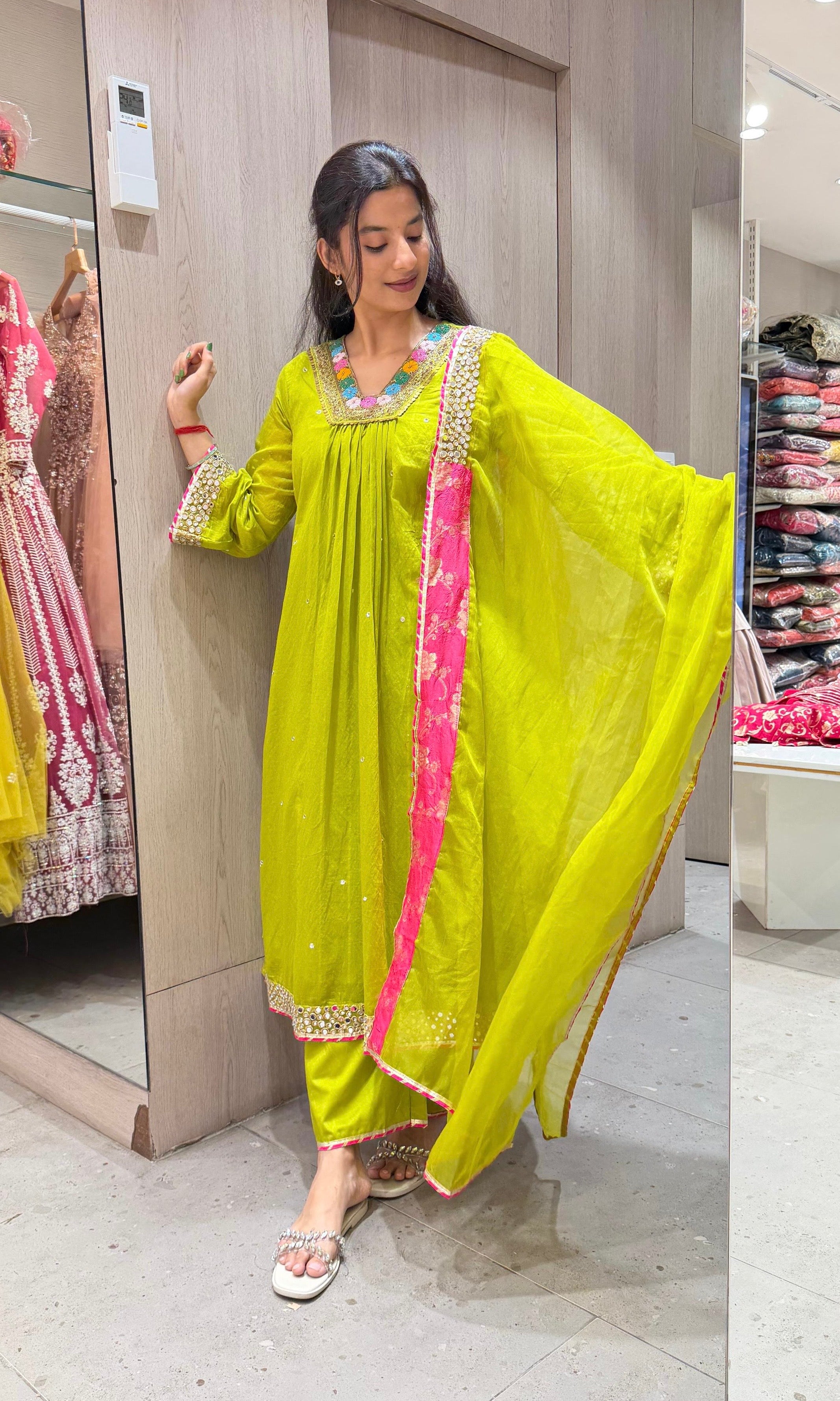 GREEN FLORAL NECK A LINE kurta set