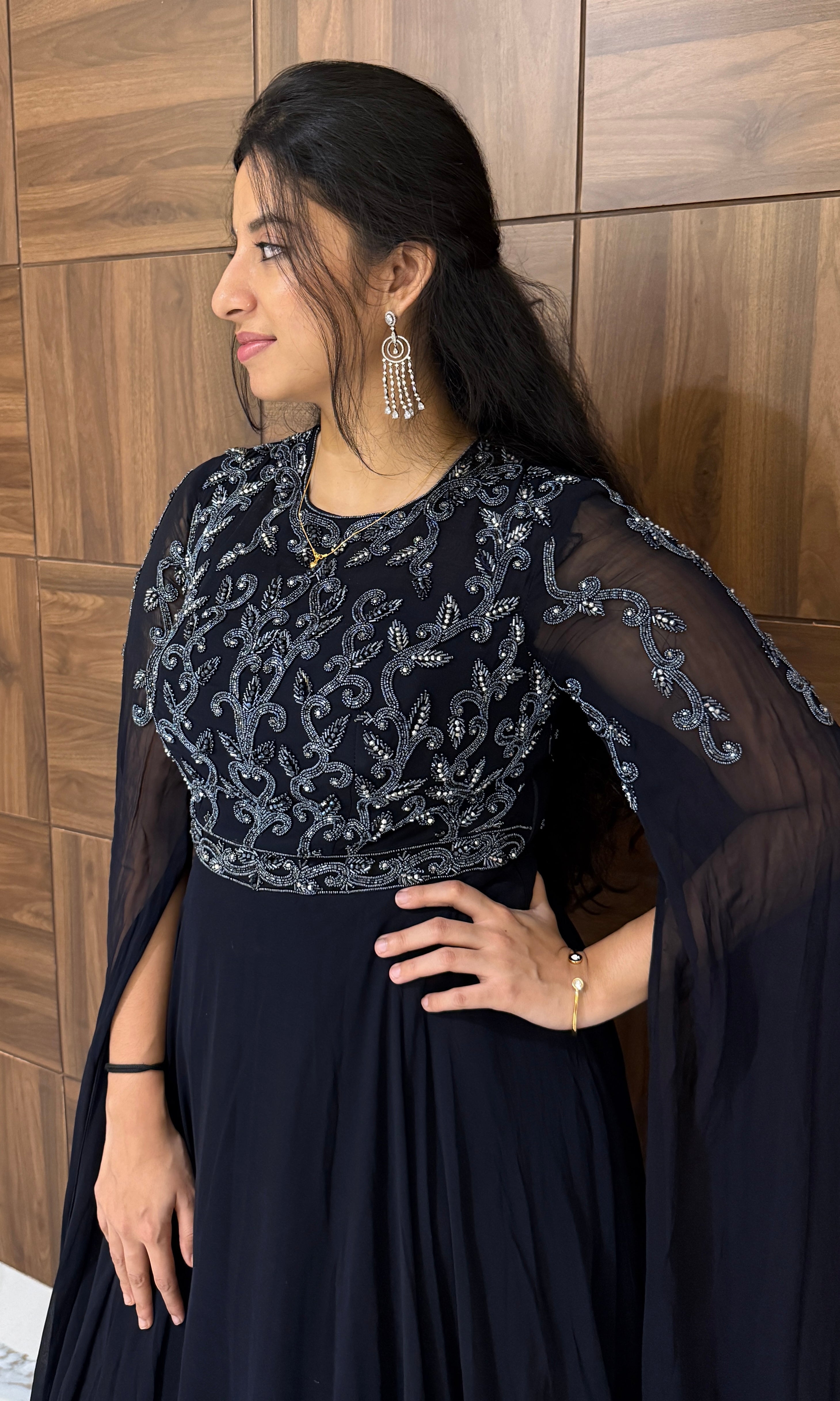 Blue gown with Rhine stones and long sleeves long dress
