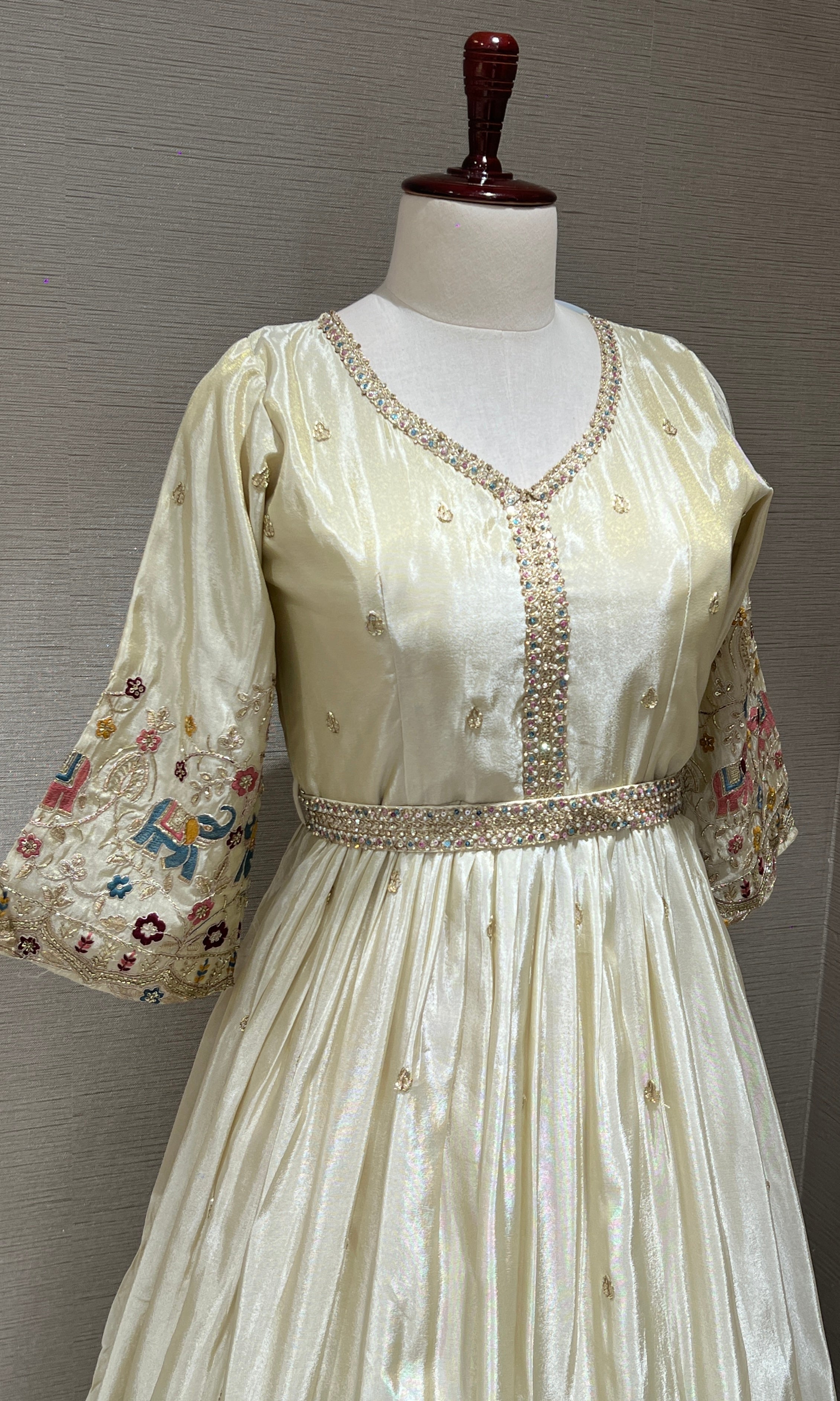 Elegant Cream Anarkali Long Gown with Floral Embroidery