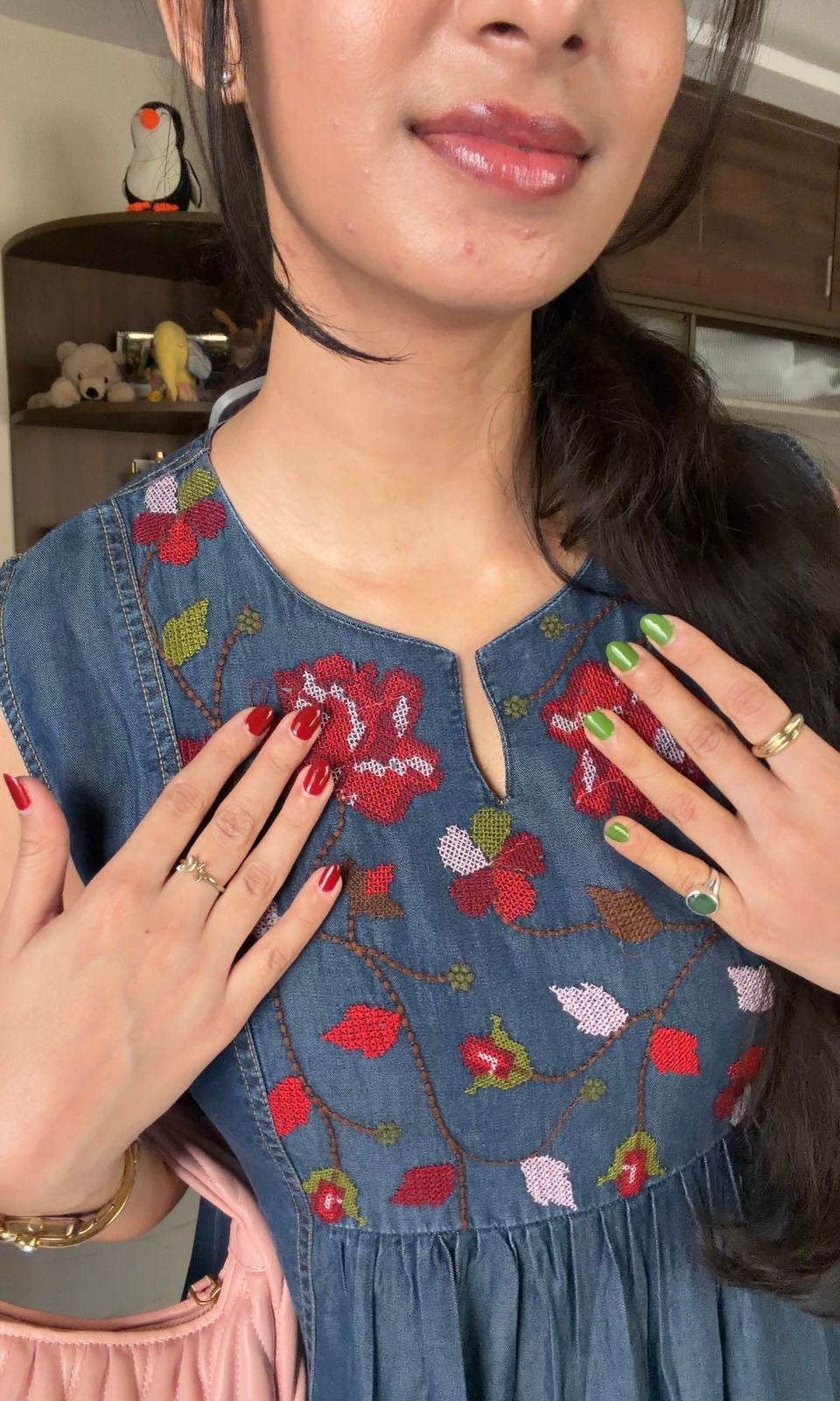 Denim blue dress with floral embroidery