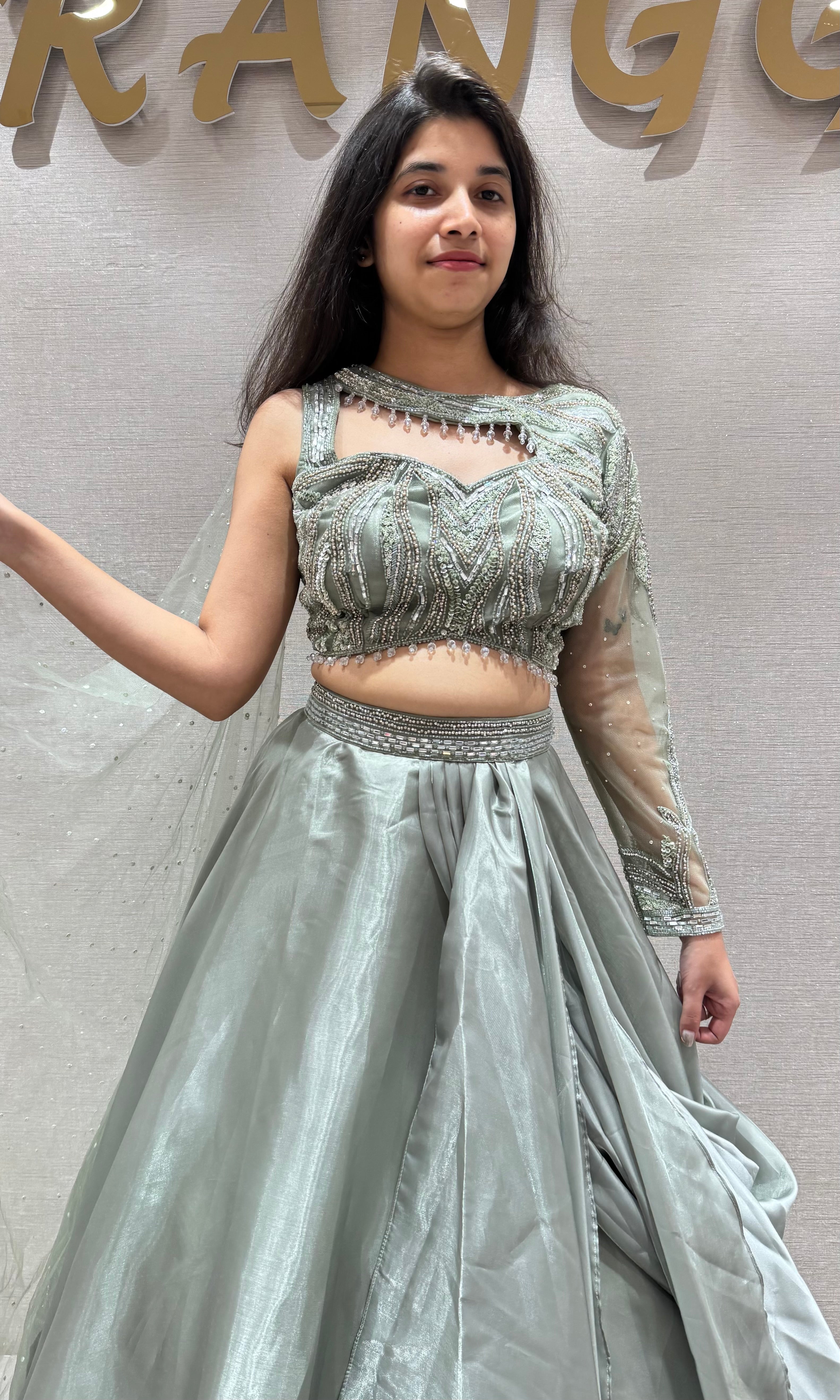 Pista green Organza Embroidered Lehenga Set