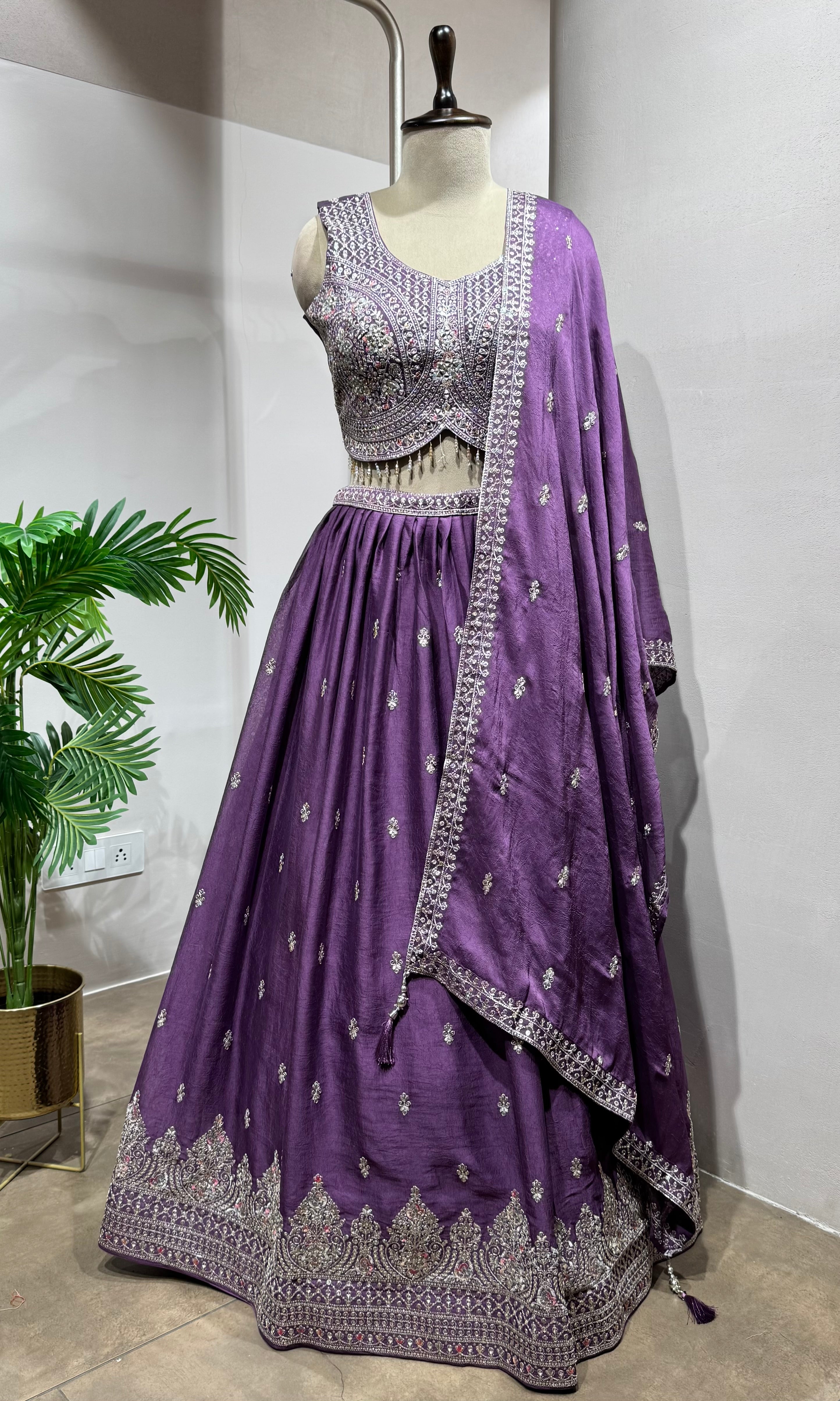 Light Purple Silk Silver Embroidered Lehenga