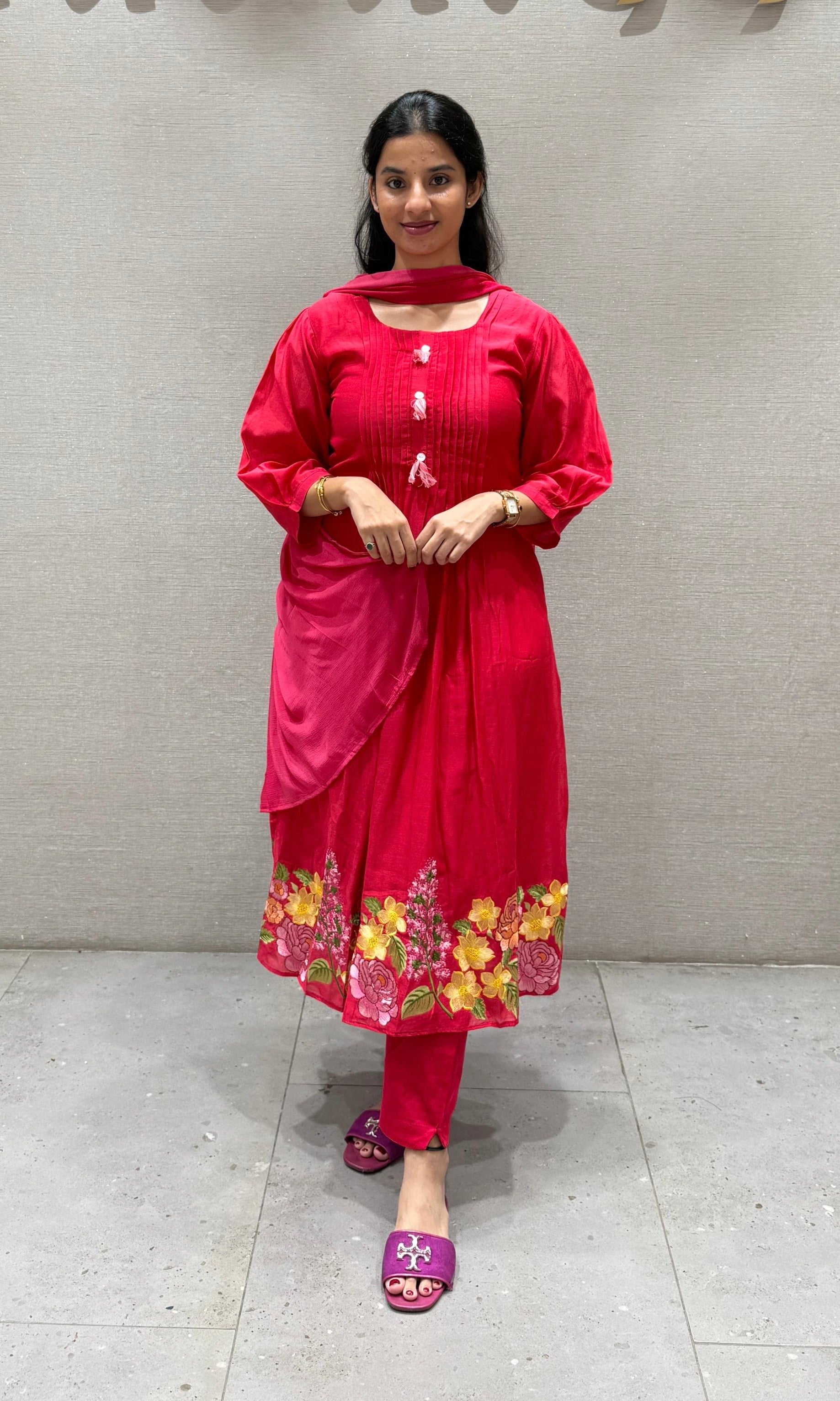 Rani pink Mul Chanderi kurta set