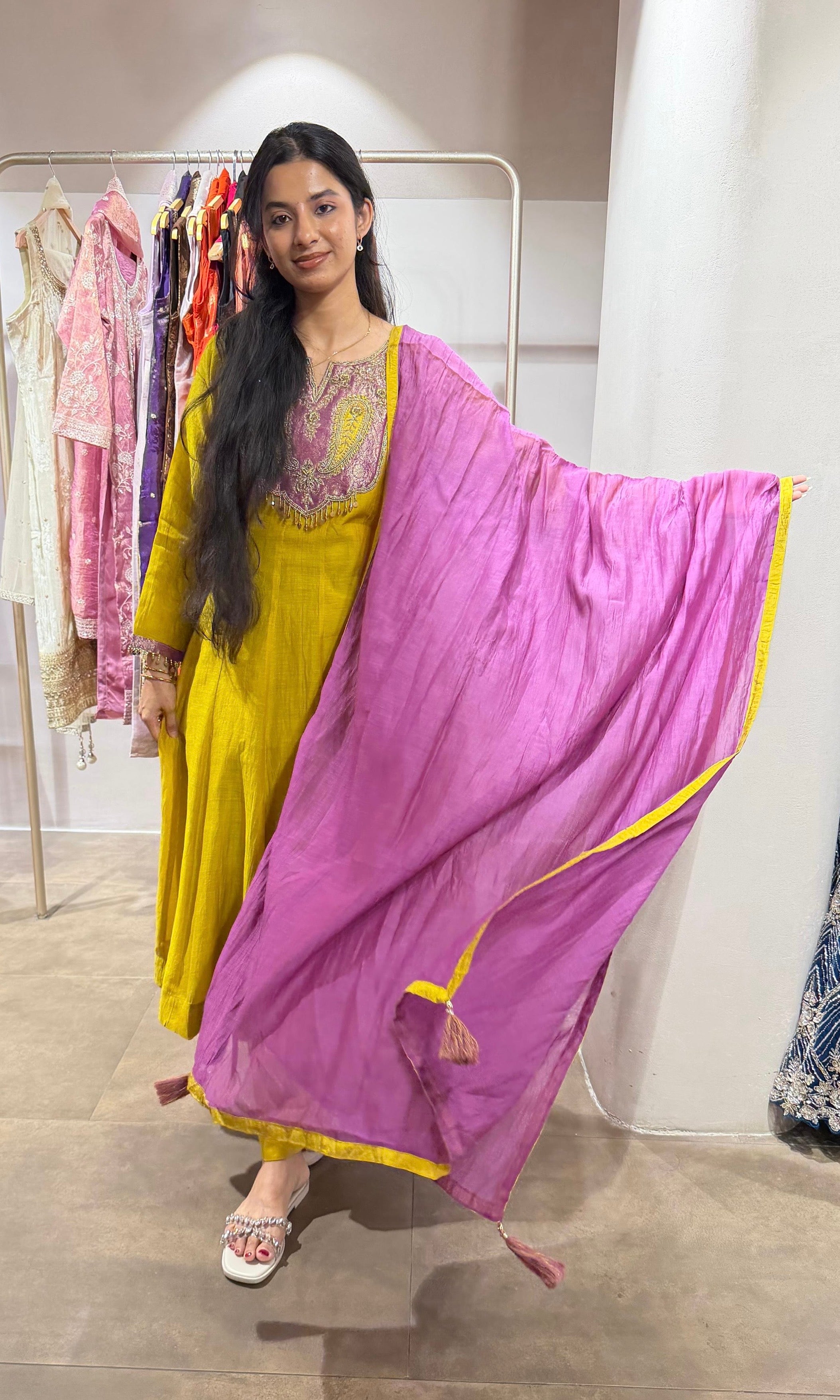 Mustard Anarkali Set with Magenta Dupatta