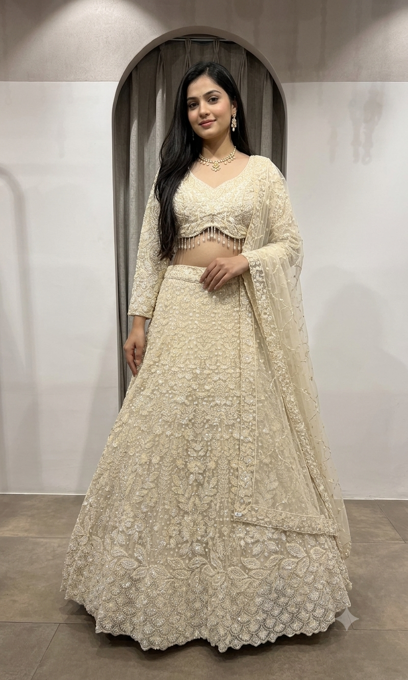 Cream Crystal bridal lehenga