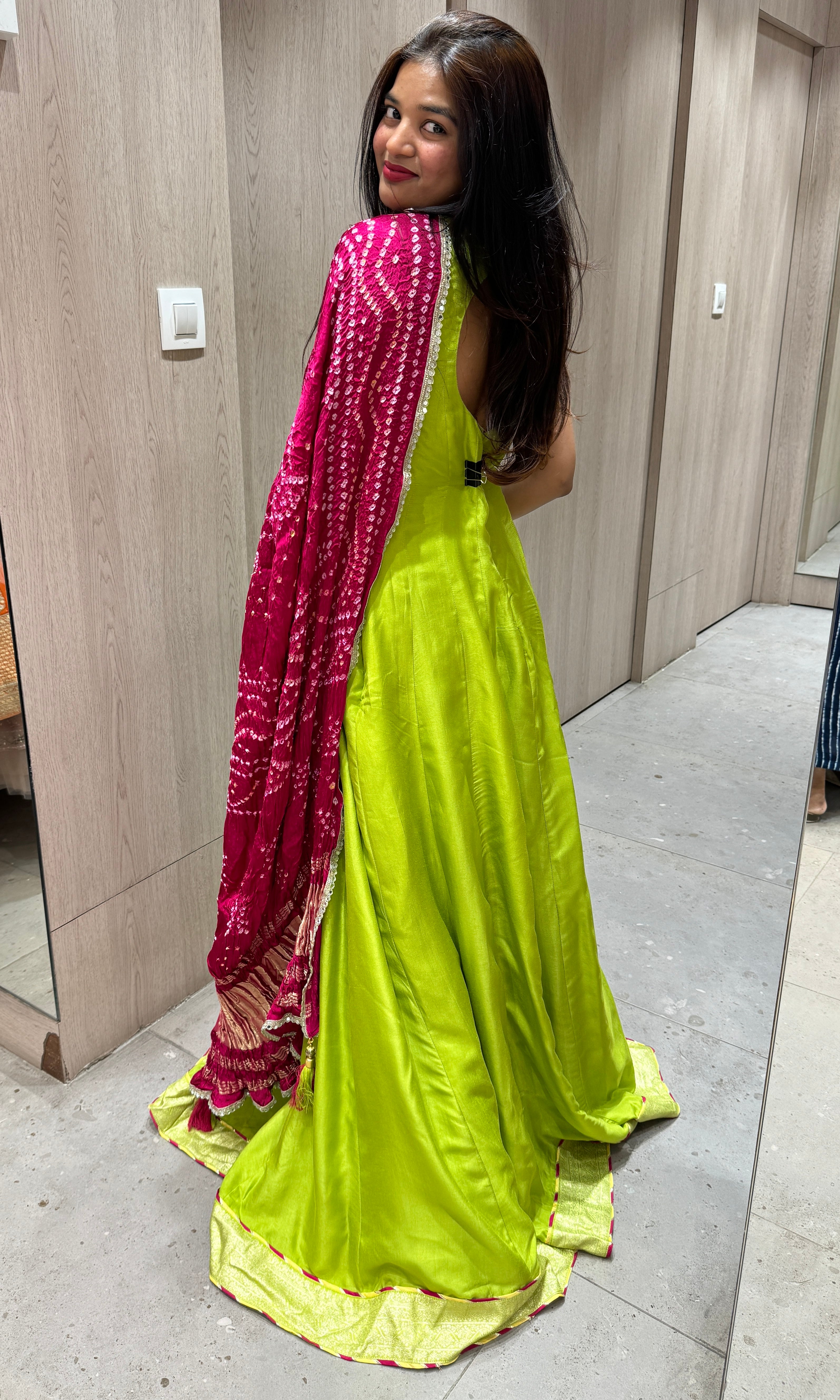 P green long dress with bandhani dupatta