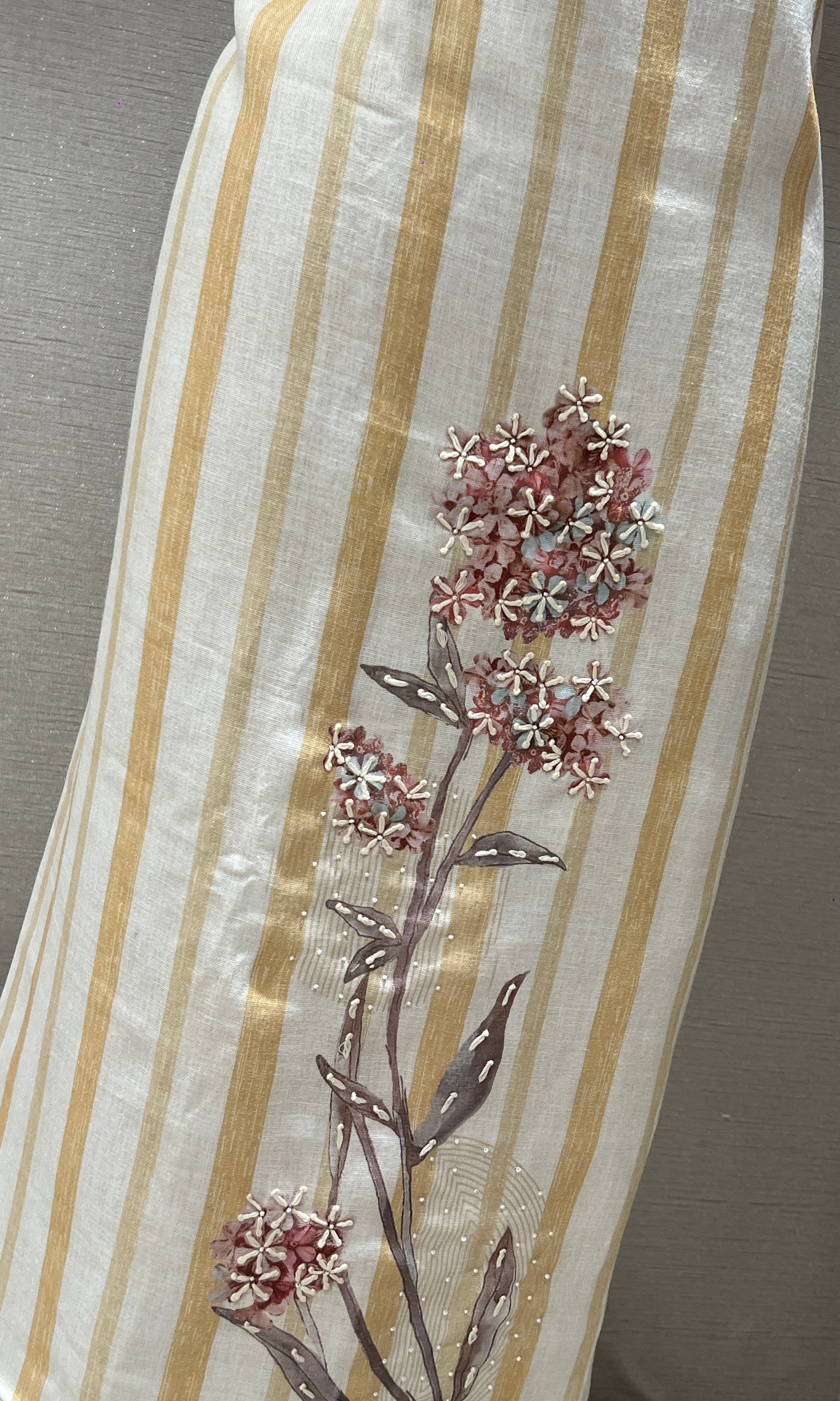 light yellow Striped Floral dress material