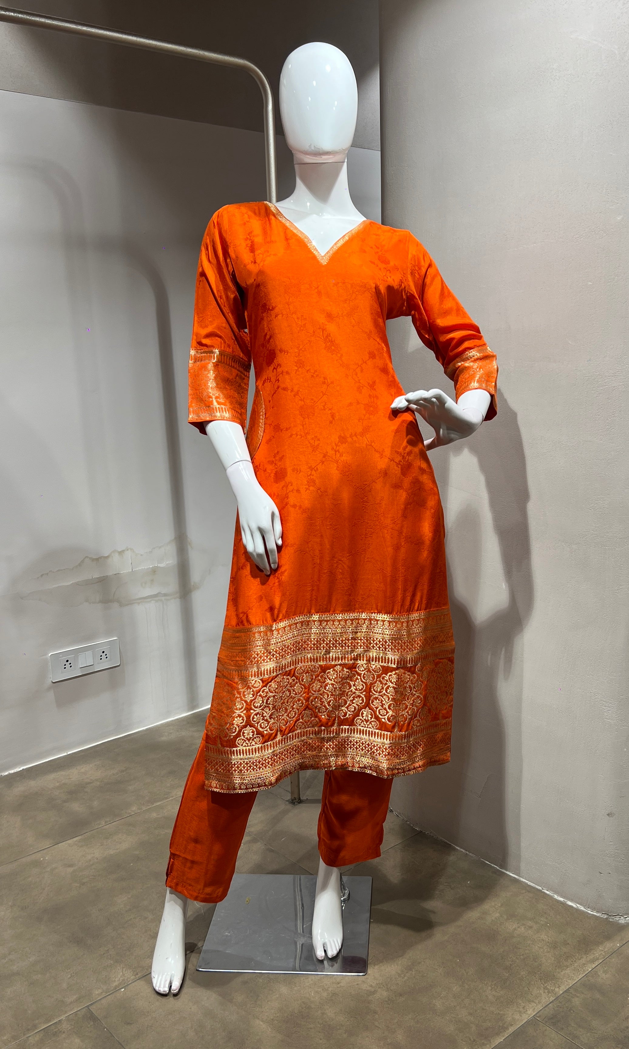 Orange Silk Straight Kurta Set with Gold Border