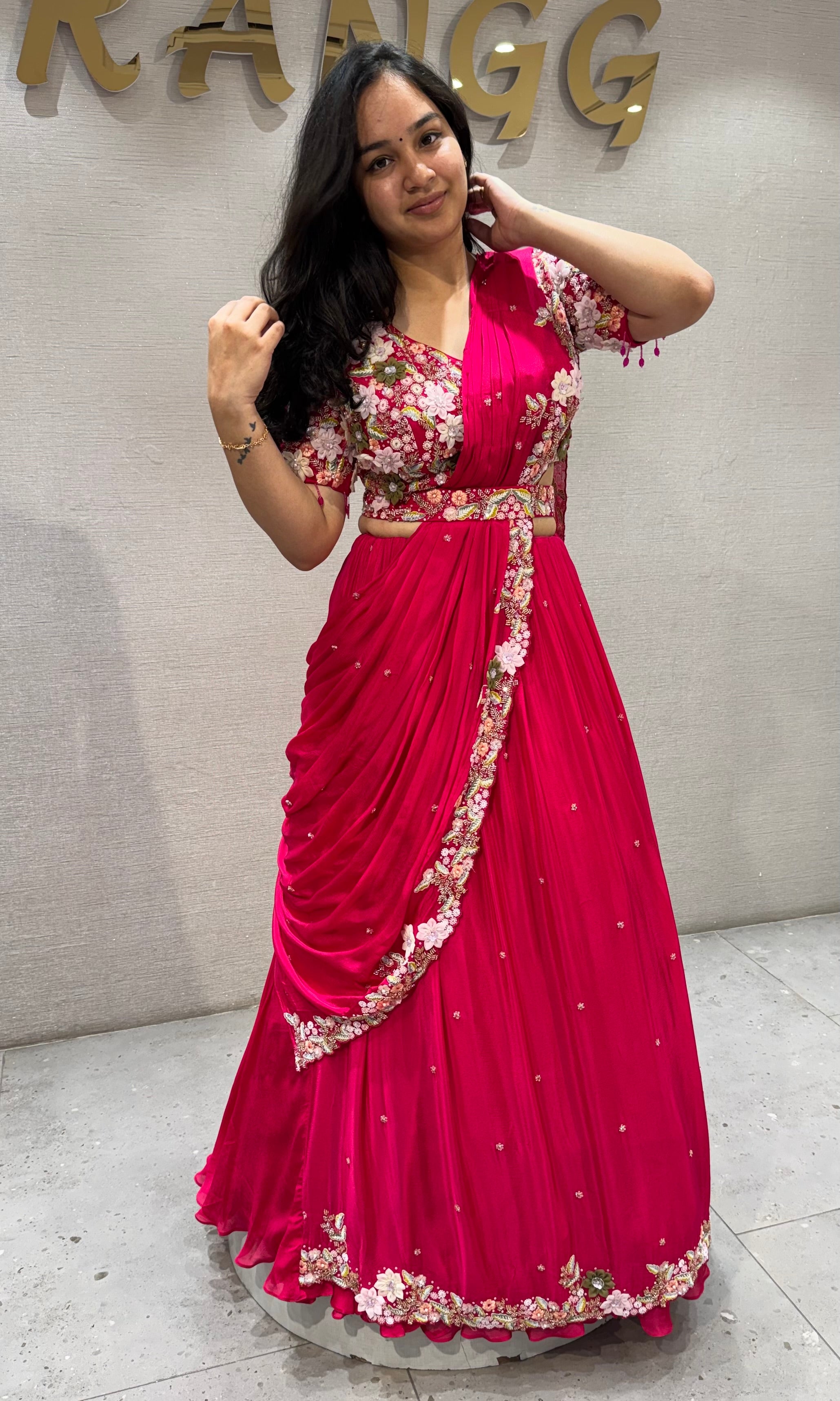 Fuchsia Georgette Pink Draped Saree with Embroidered Silk Blouse & Belt