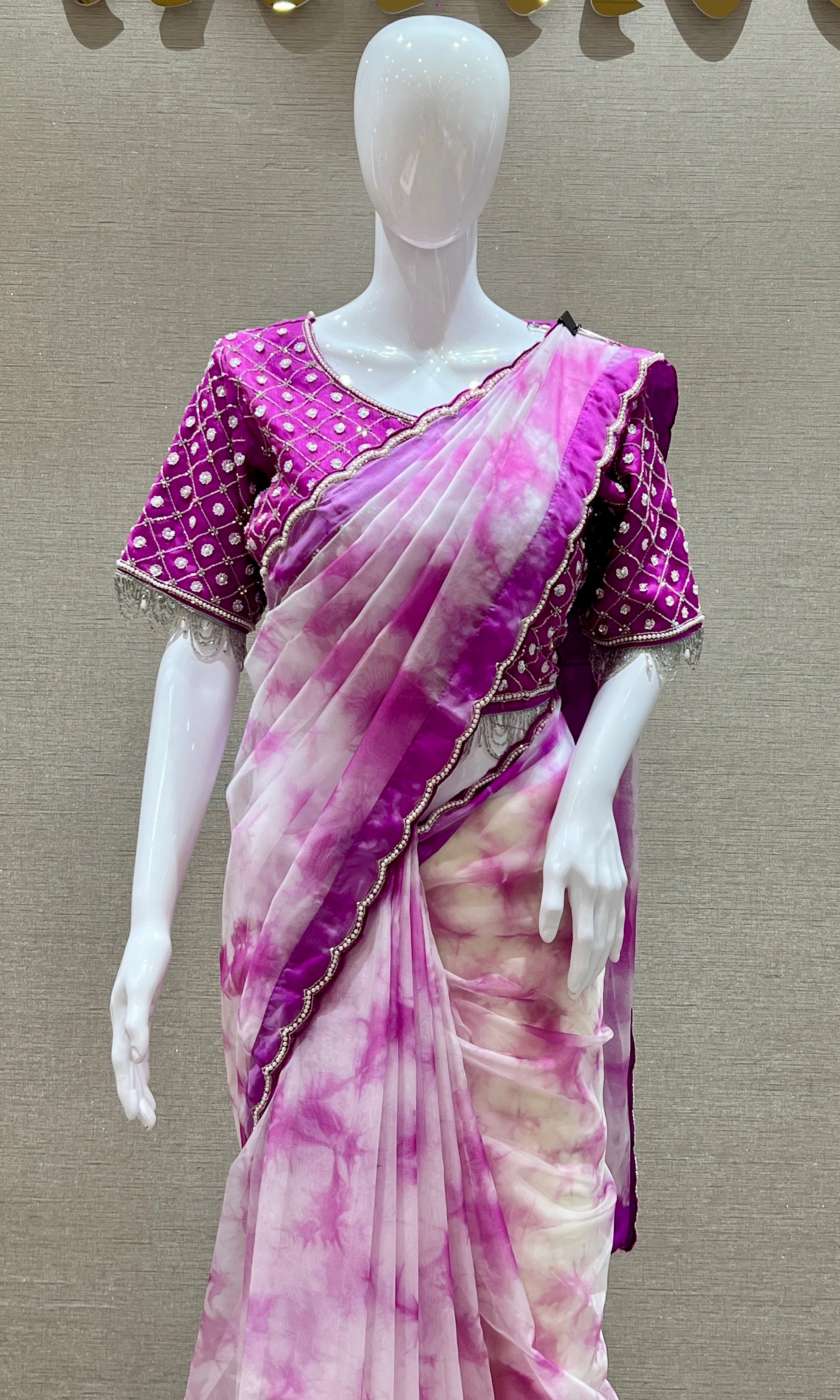 Purple Tie and Dye saree with ready blouse