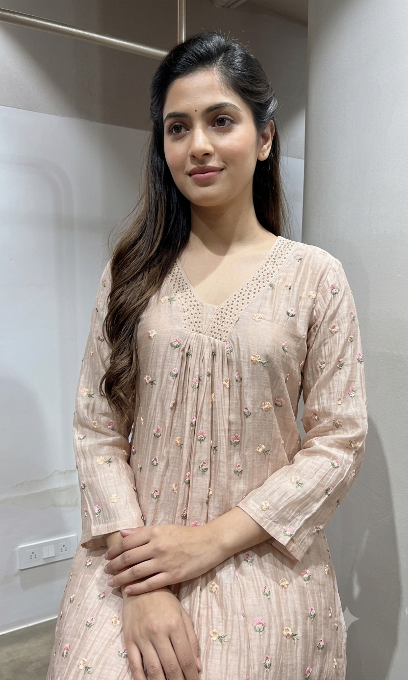 Peach Embroidered A-Line Kurta Set with Dupatta