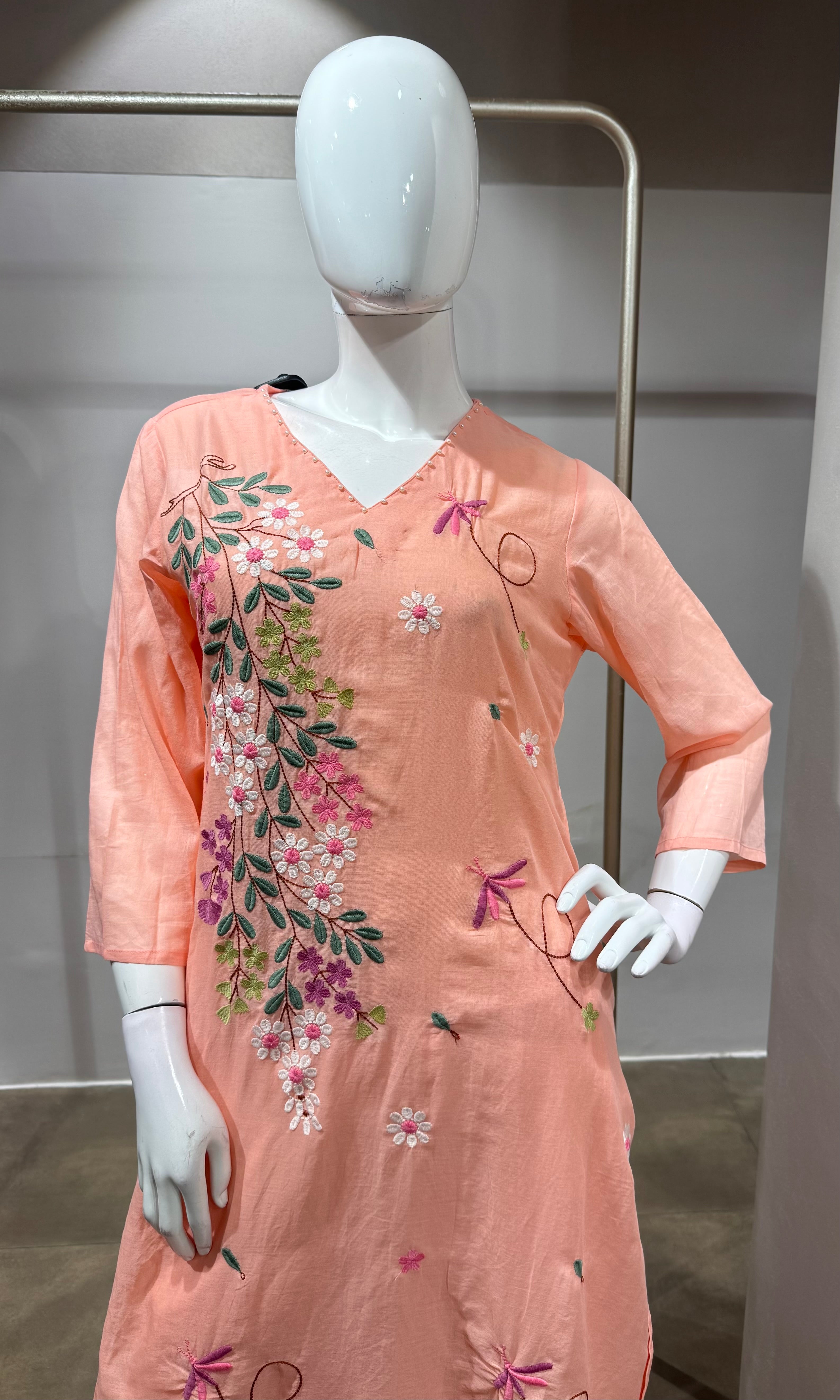 Peach Pastel Floral Embroidered Kurta Set with Dupatta