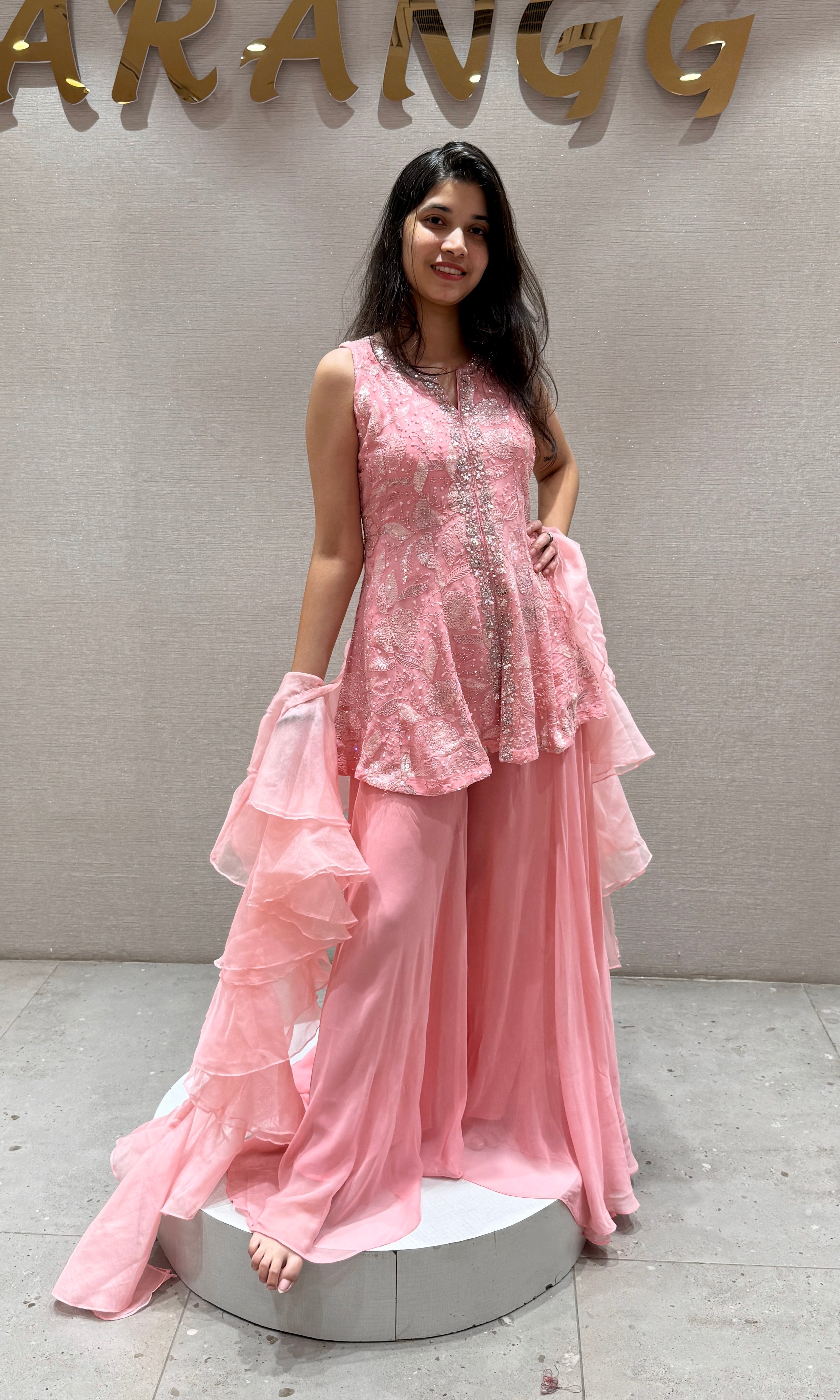 Blush Pink Embroidered Ruffle Palazzo Set