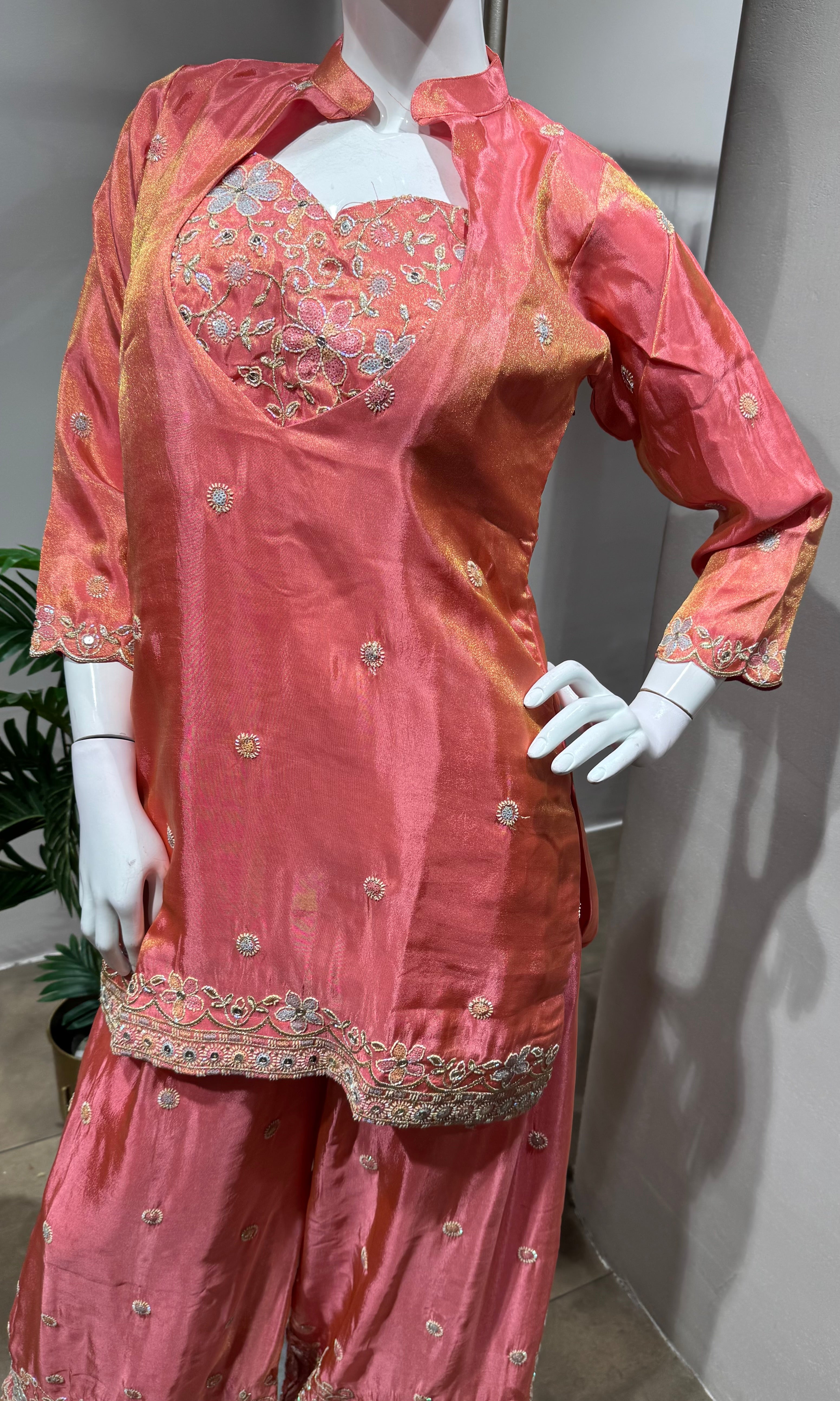 PINK Embroidered Coral PALAZZO Suit