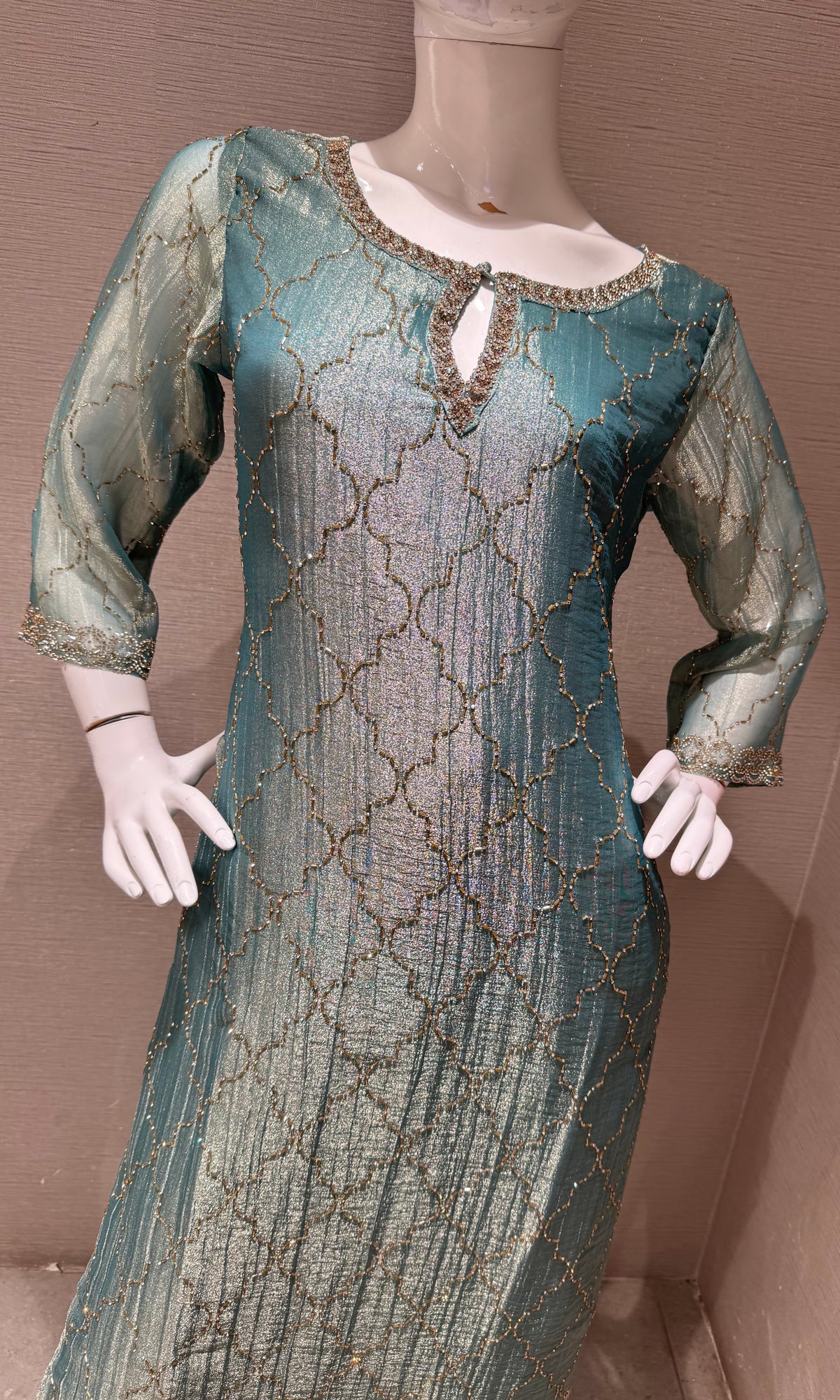 Green Shimmer Golden ethnic Kurta set with dupatta