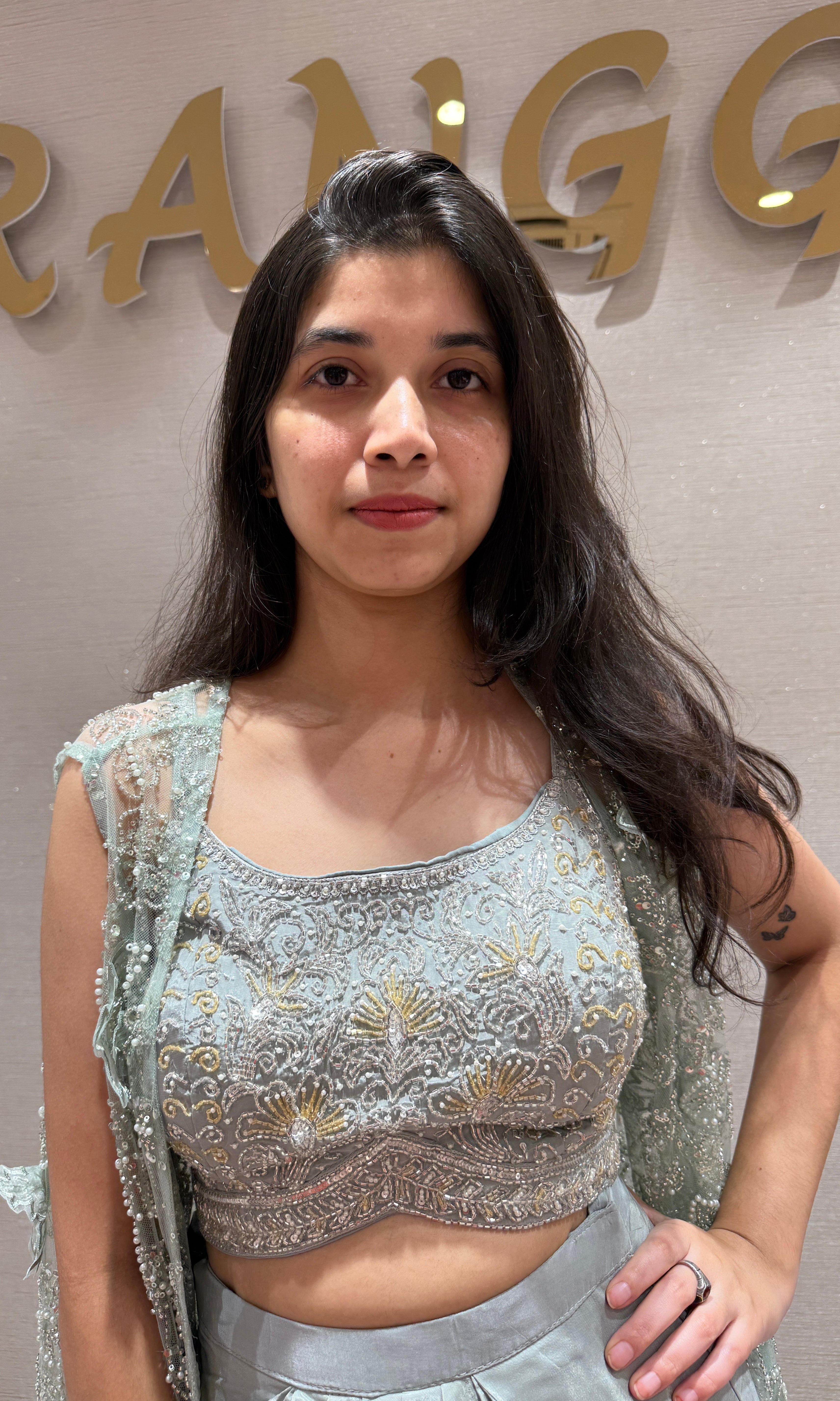 Green Elegant Draped Skirt Set with cape