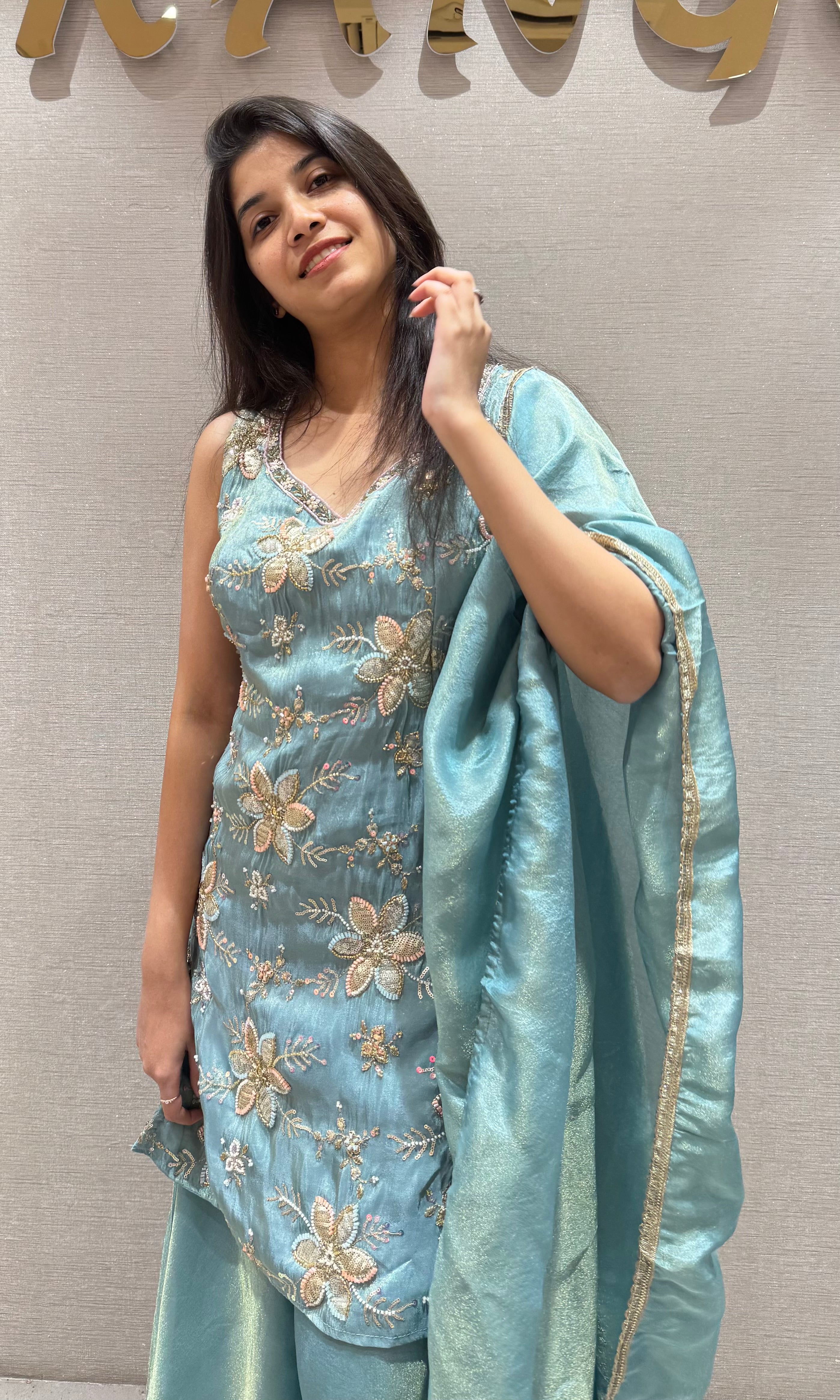 SEA Blue Tissue Floral Embroidery Sharara Set