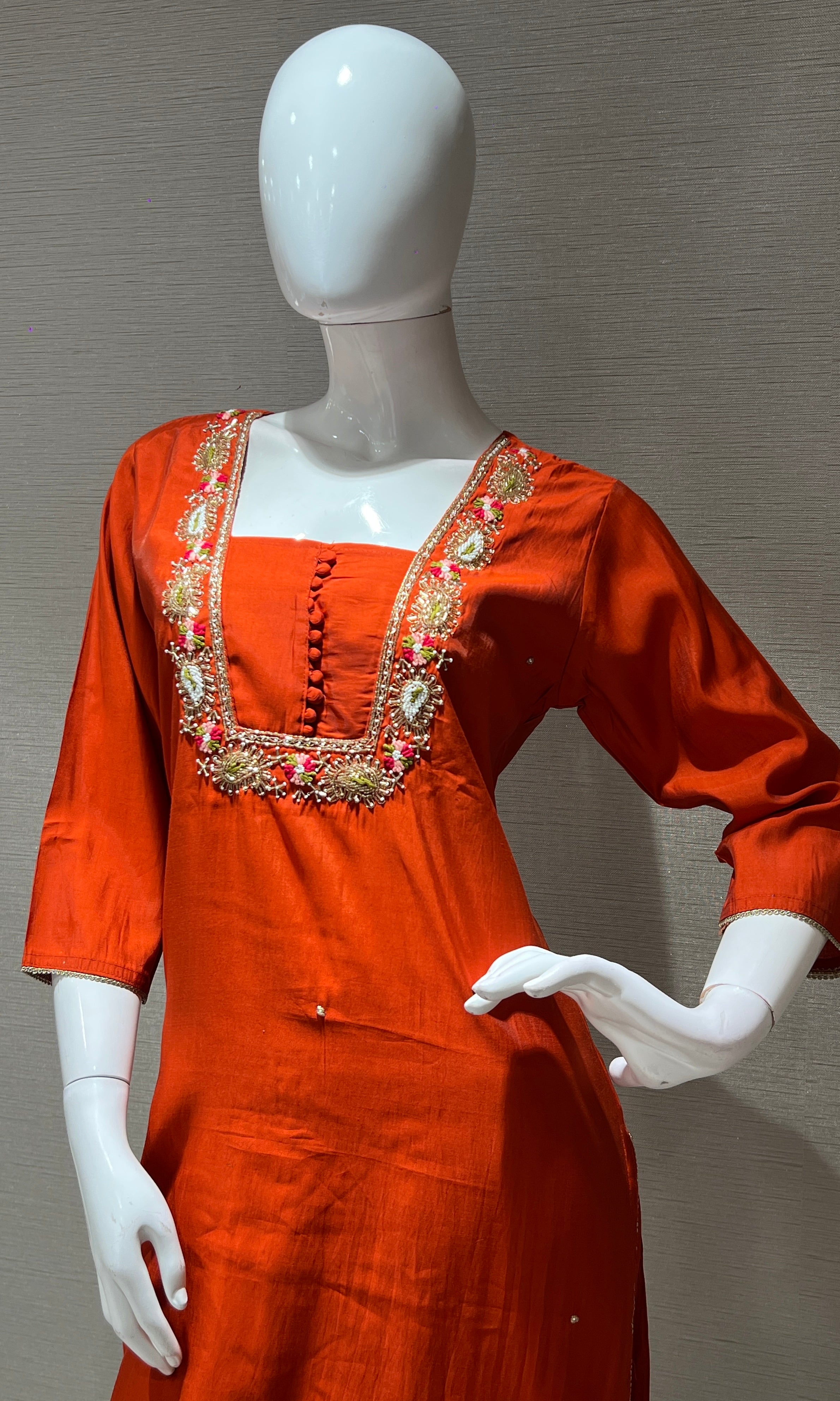 Rust orange embroidered kurti with printed dupatta