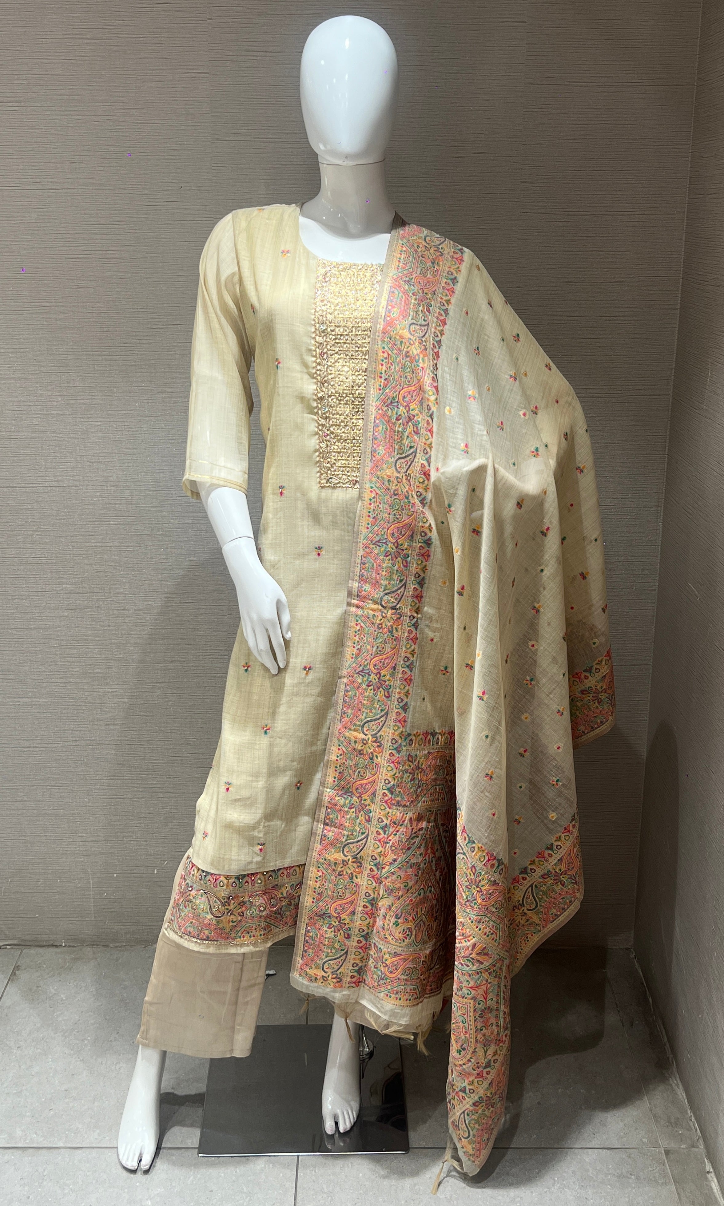 Cream Embroidered Kurta Set with Floral Dupatta