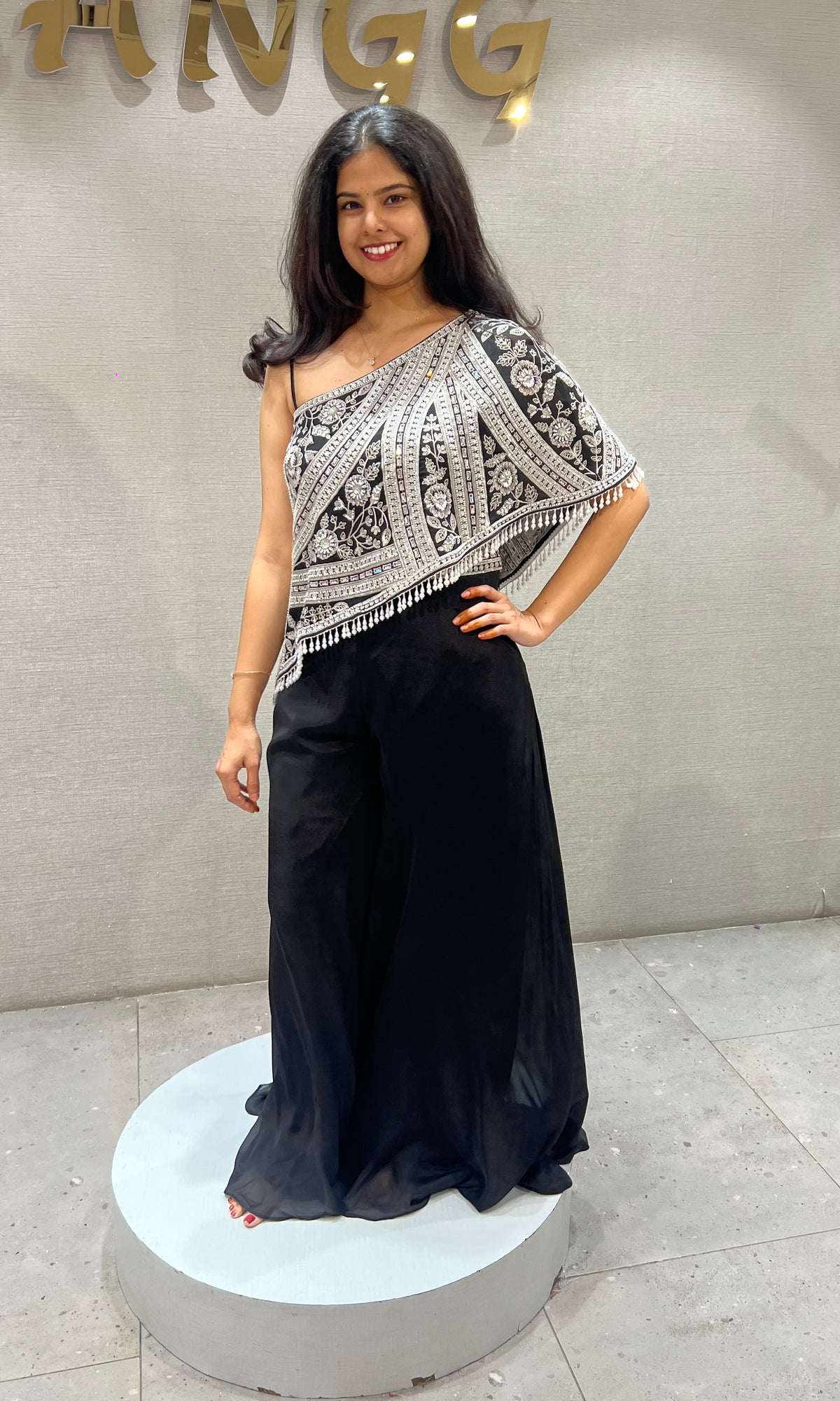 Black georgette One Shoulder Cape Top with Palazzo set