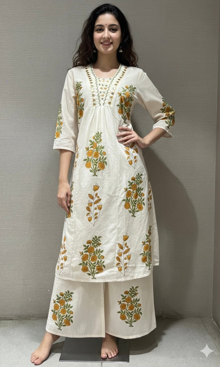 Yellow A LINE KURTI WITH BOTTOM