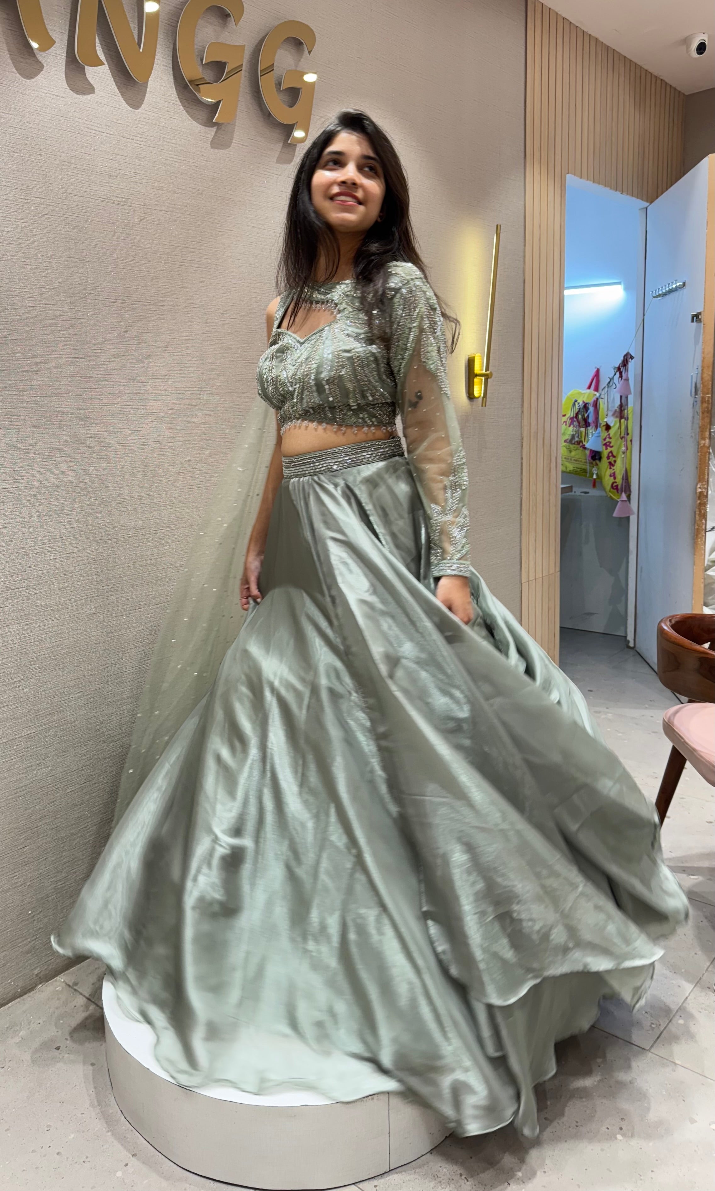 Pista green Organza Embroidered Lehenga Set