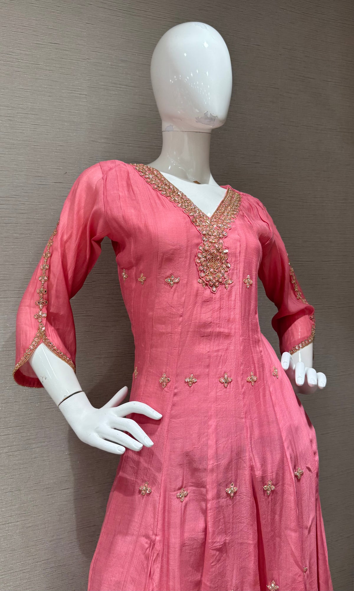 Rose Pink Silk golden Anarkali set with dupatta