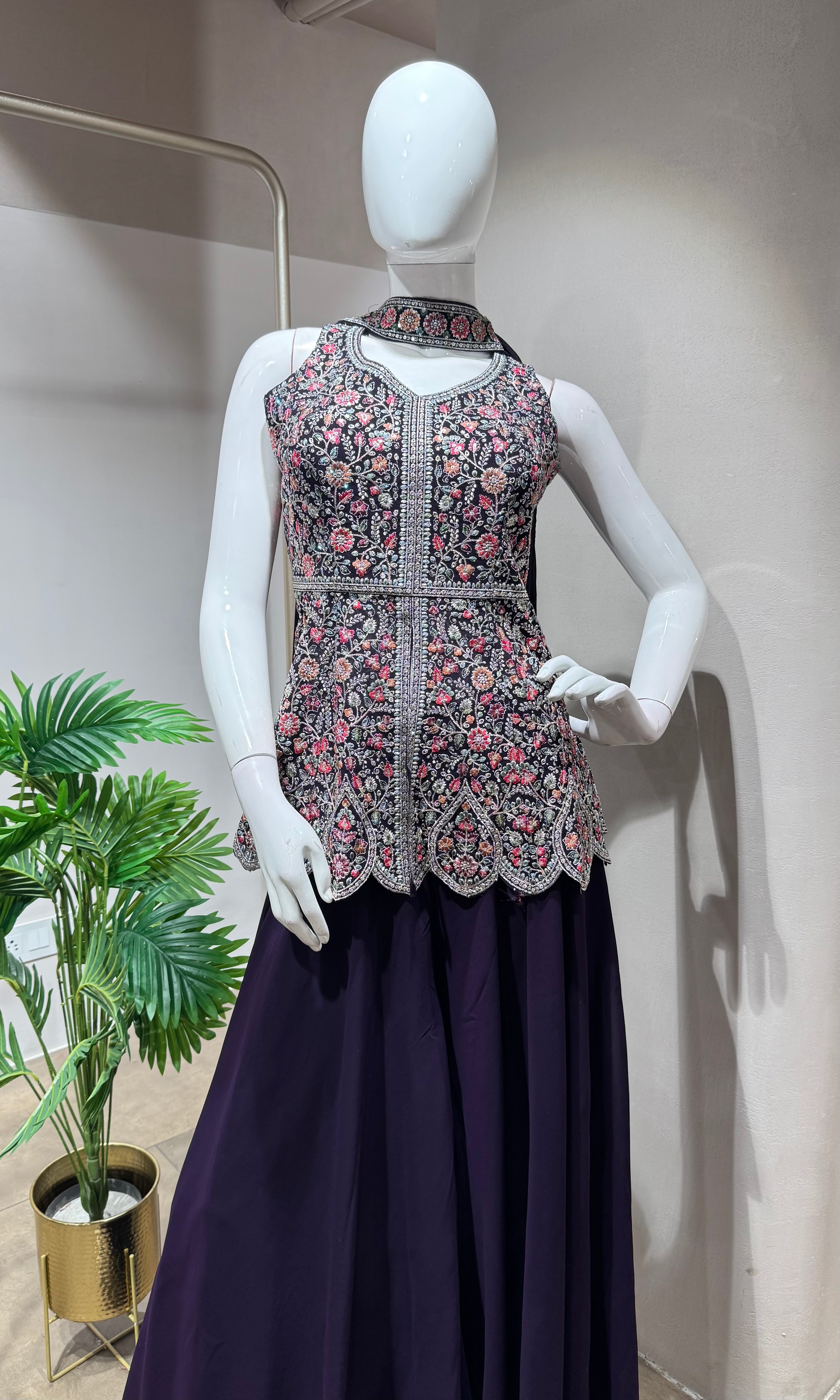 PURPLE EMBROIDERY PEPLUM PALAZZO SET