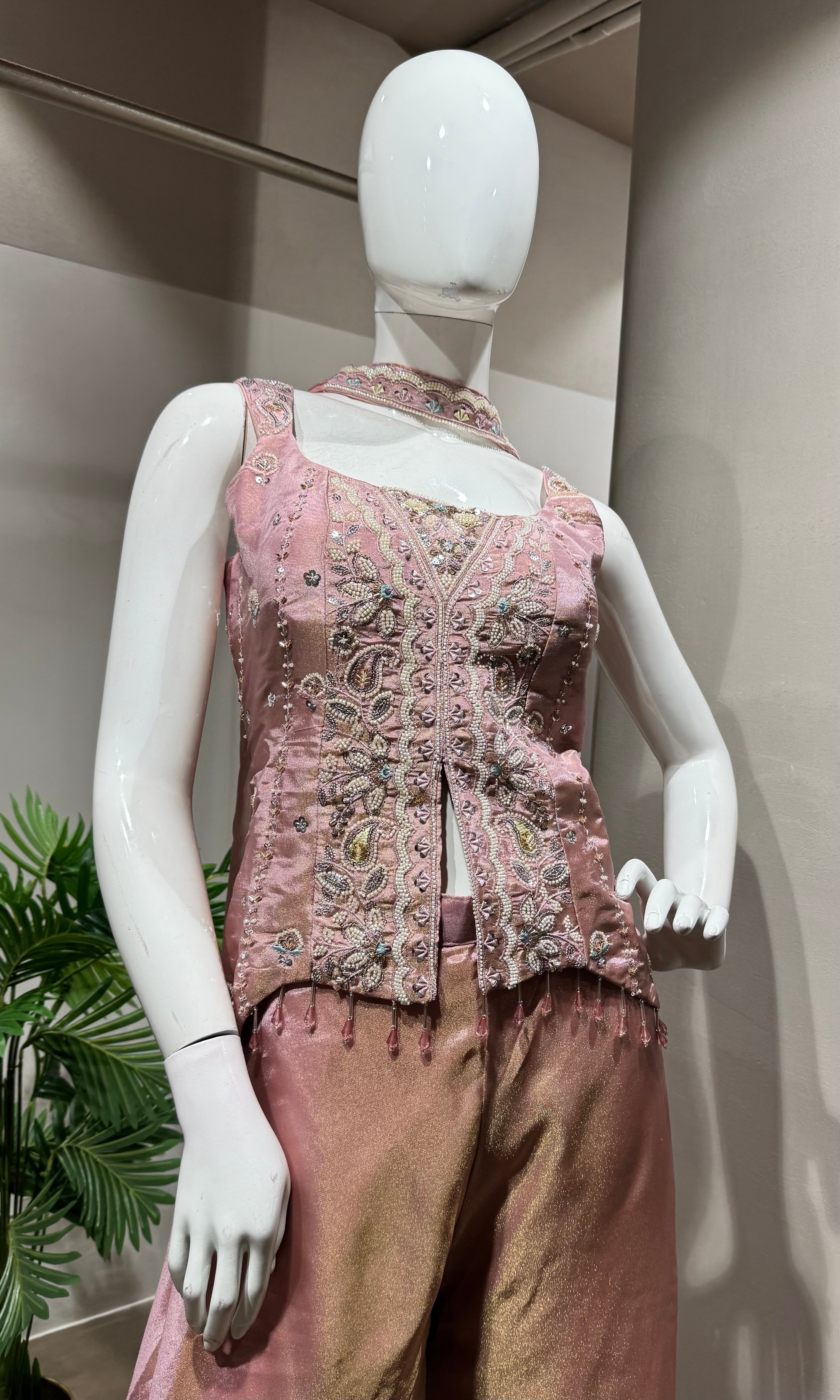 pink shimmer tissue short blouse palazzo set
