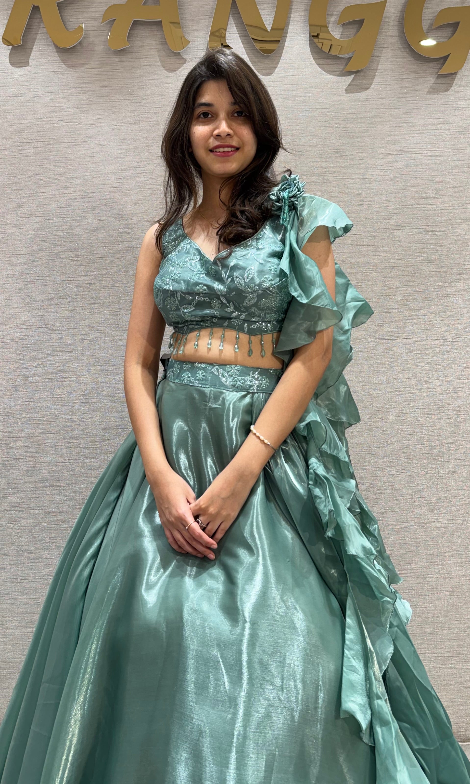 Sea Green Shimmering Organza Lehenga Set