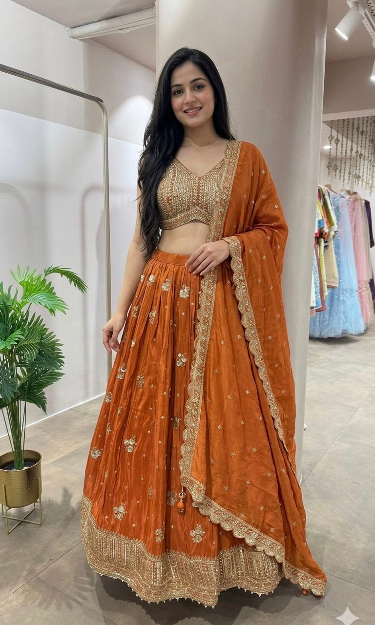 RUST silk embroidered lehenga SET