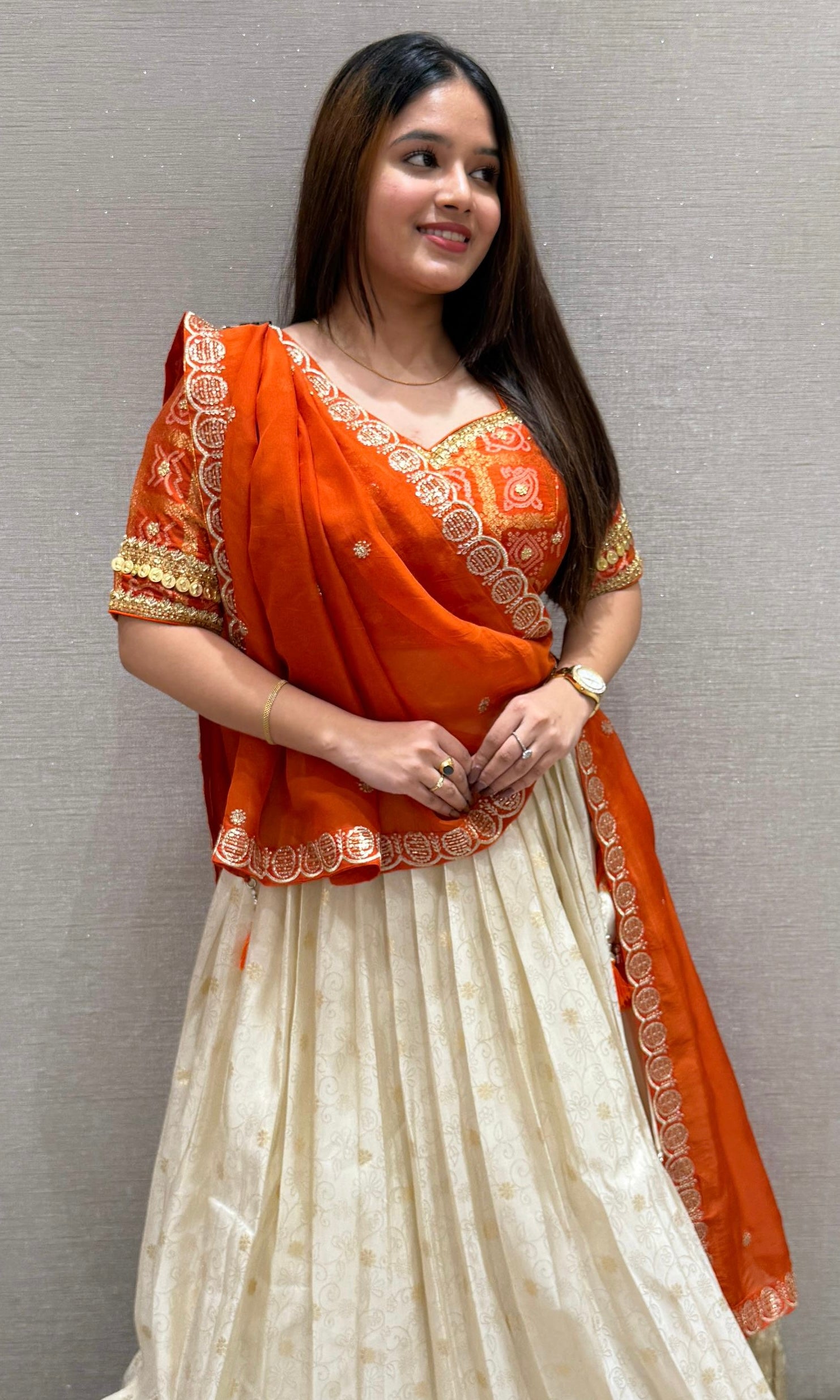 Orange and Gold Embroidered Lehenga