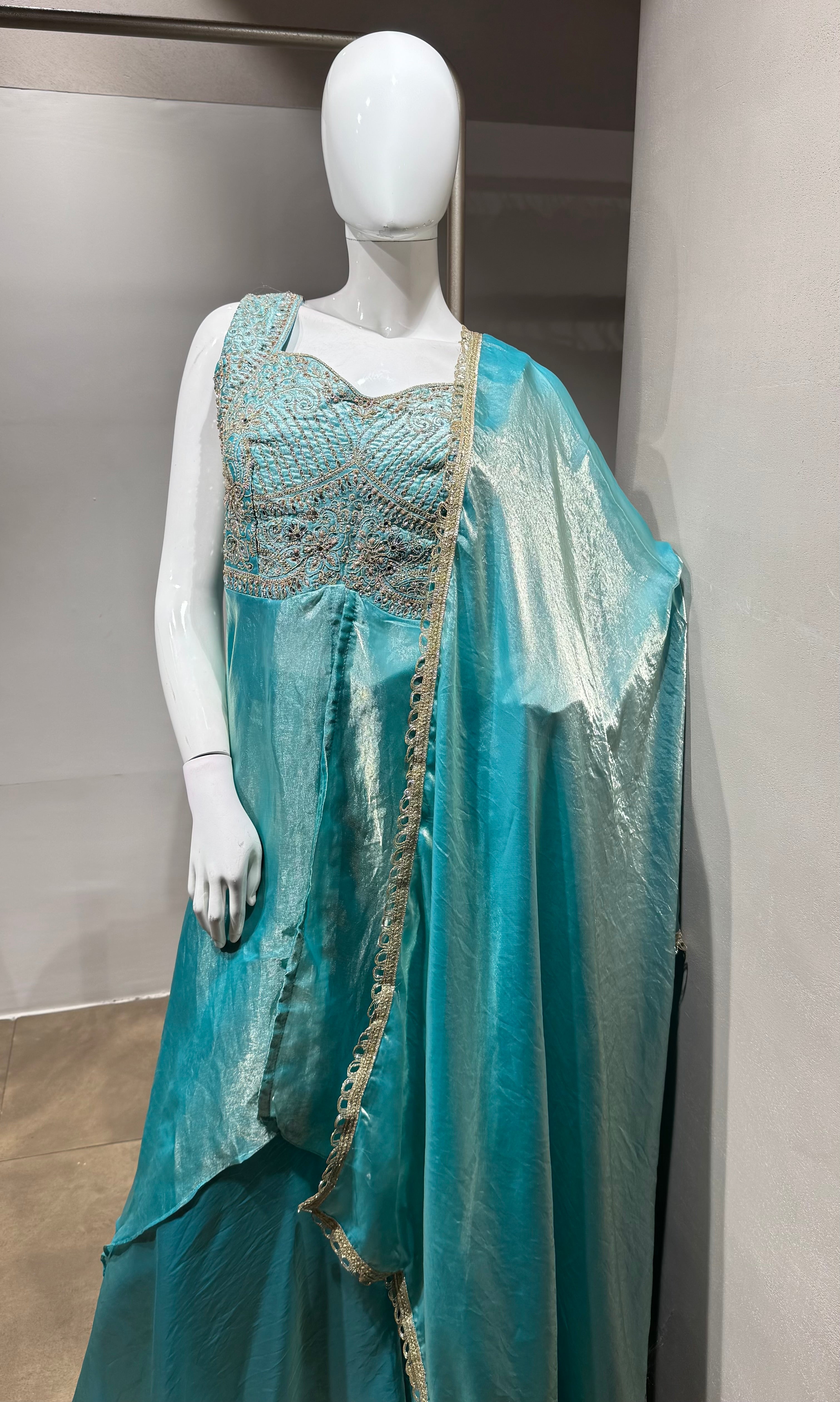Sea Blue Shimmer Tissue Palazzo Set