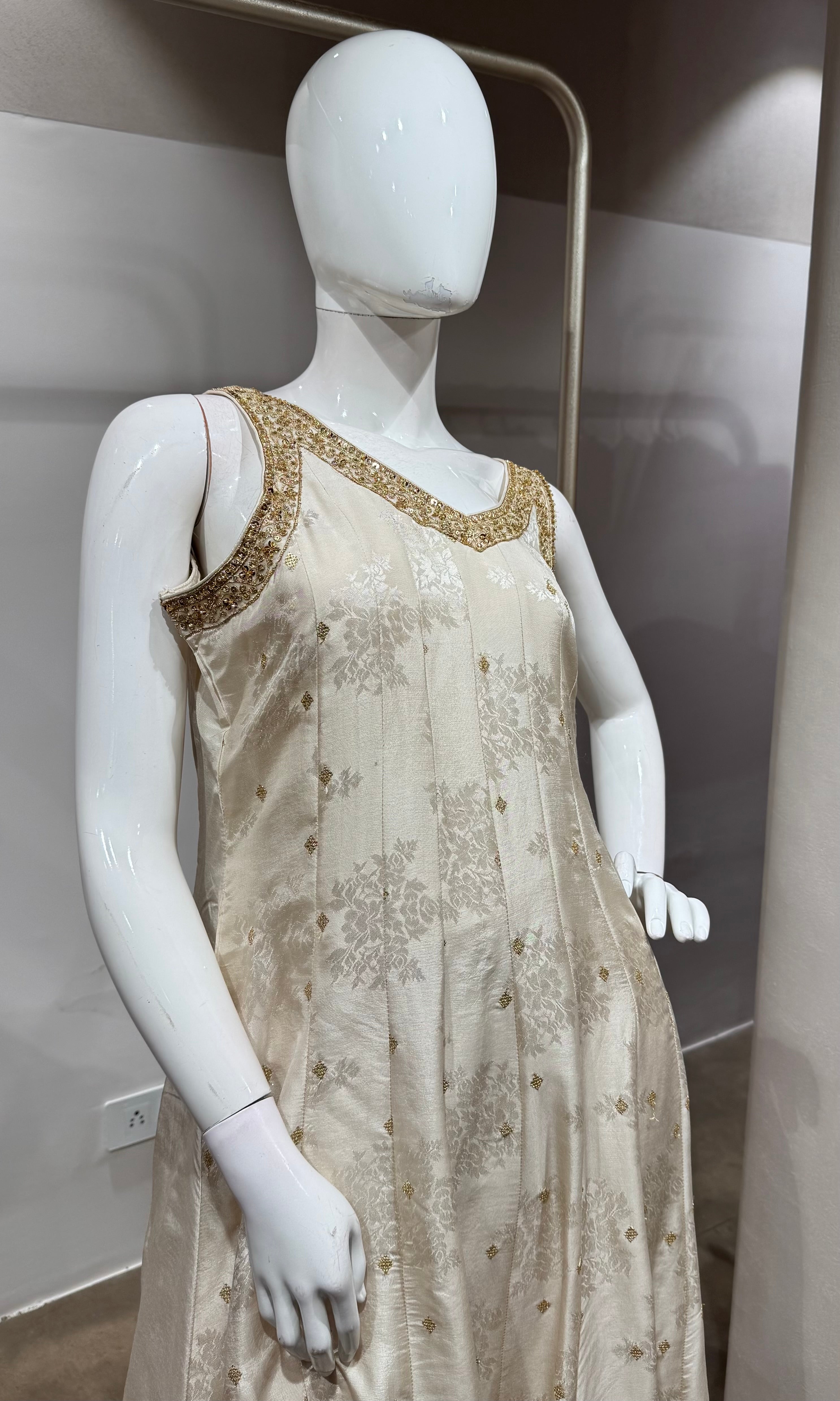 Cream Golden Anarkali with Contrast Dupatta