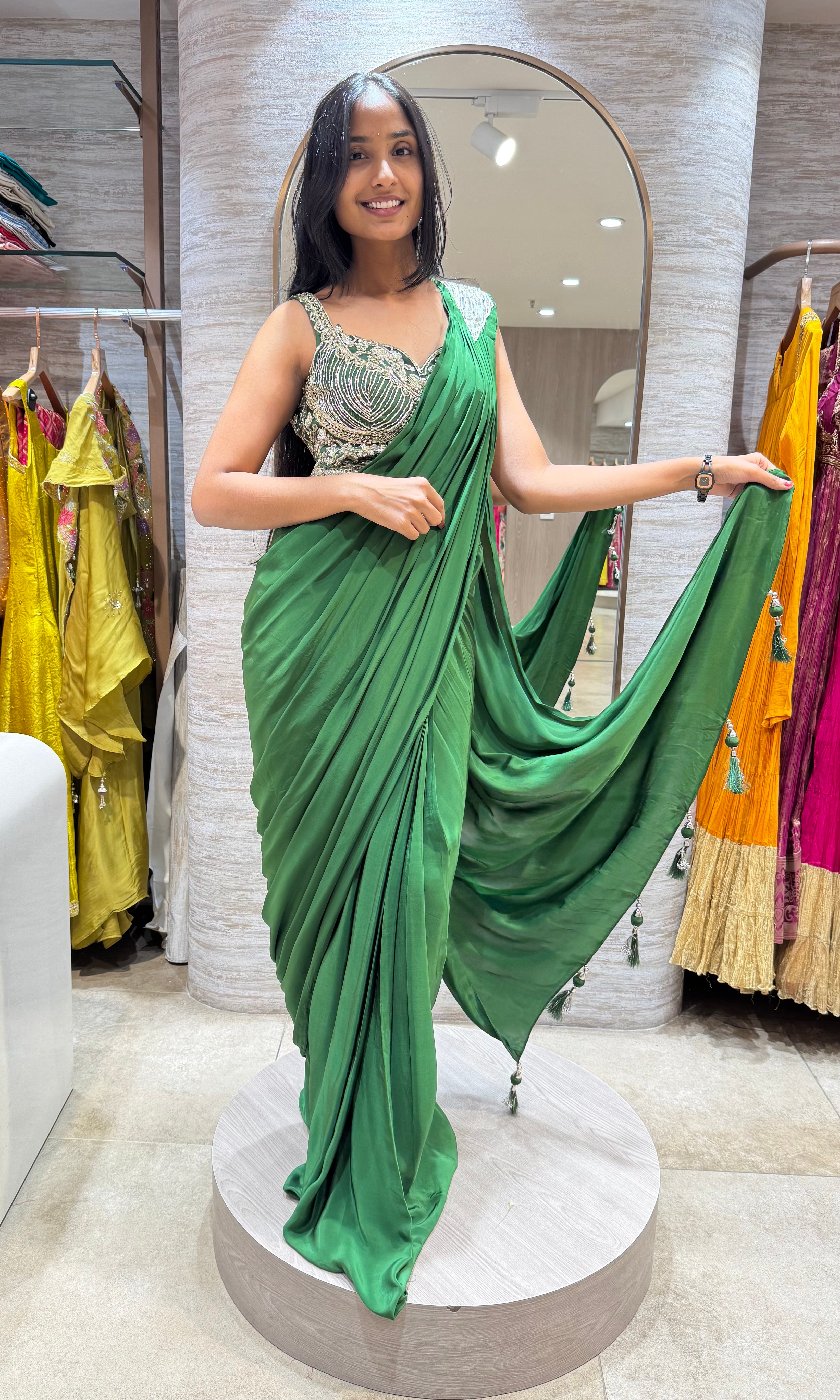 GREEN DRAPE SAREE WITH CORSET BLOUSE