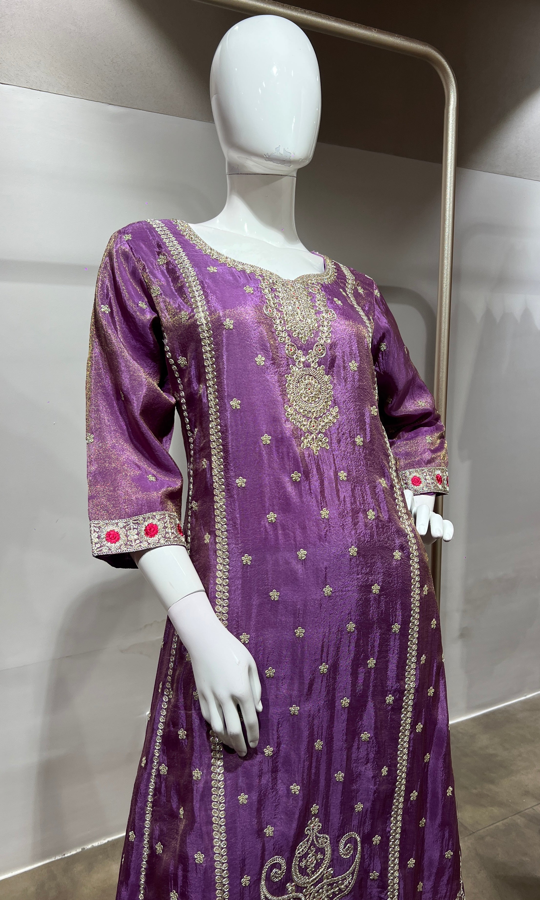Lilac Silk Embroidered Kurta Suit with Dupatta