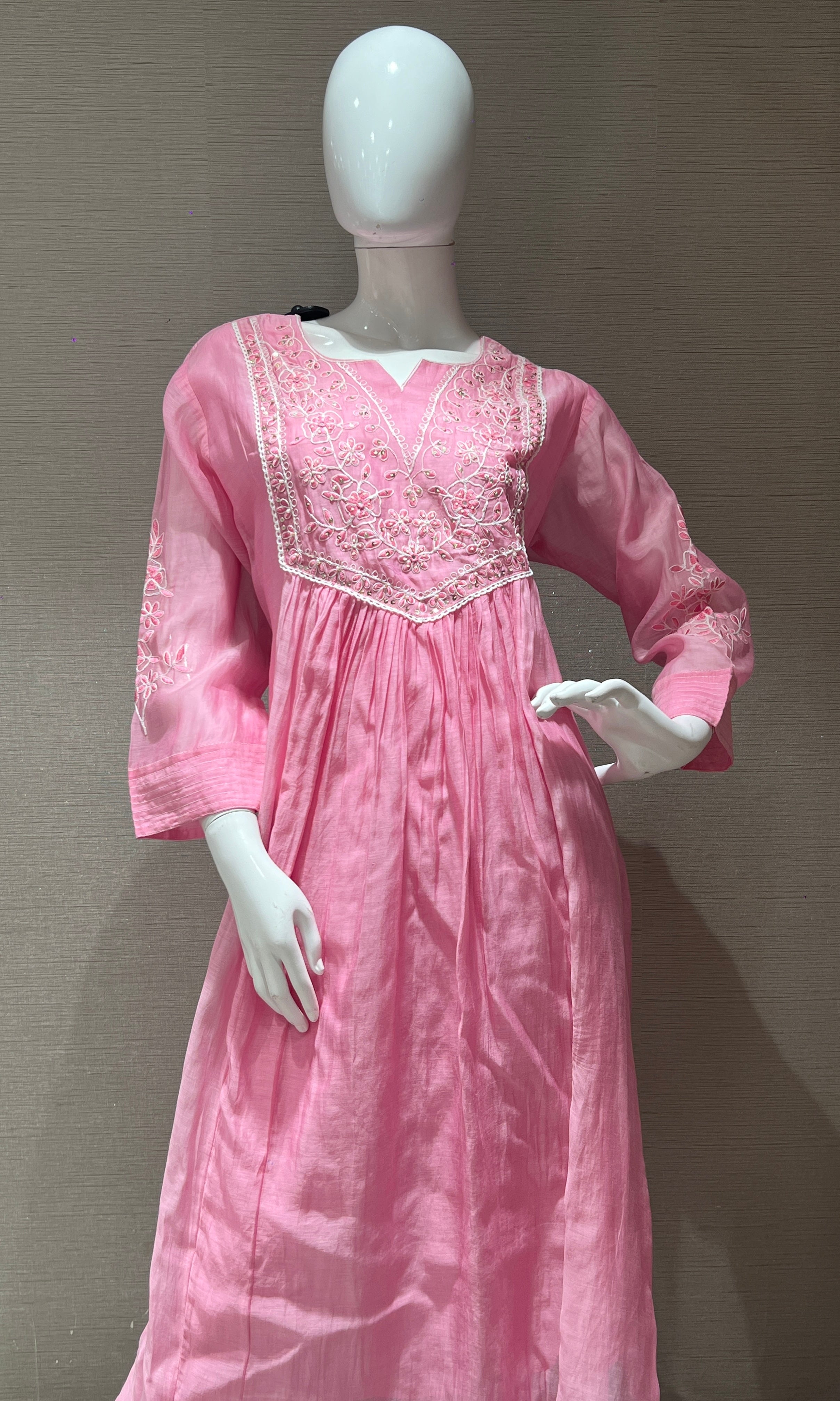 Baby pink mul Chanderi anarkali kurta set