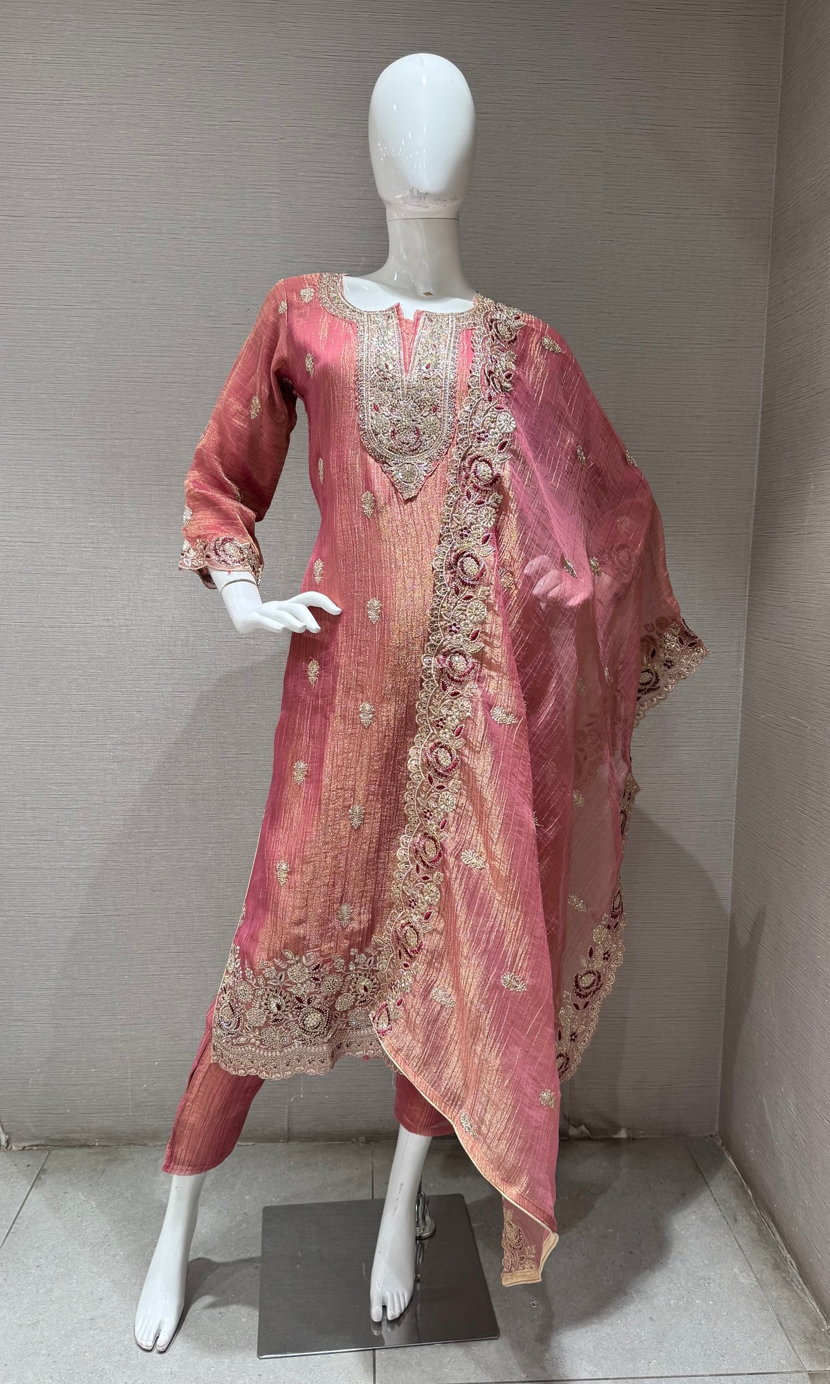 pink Tissue silk Ethnic Kurta Set with Zari dupatta