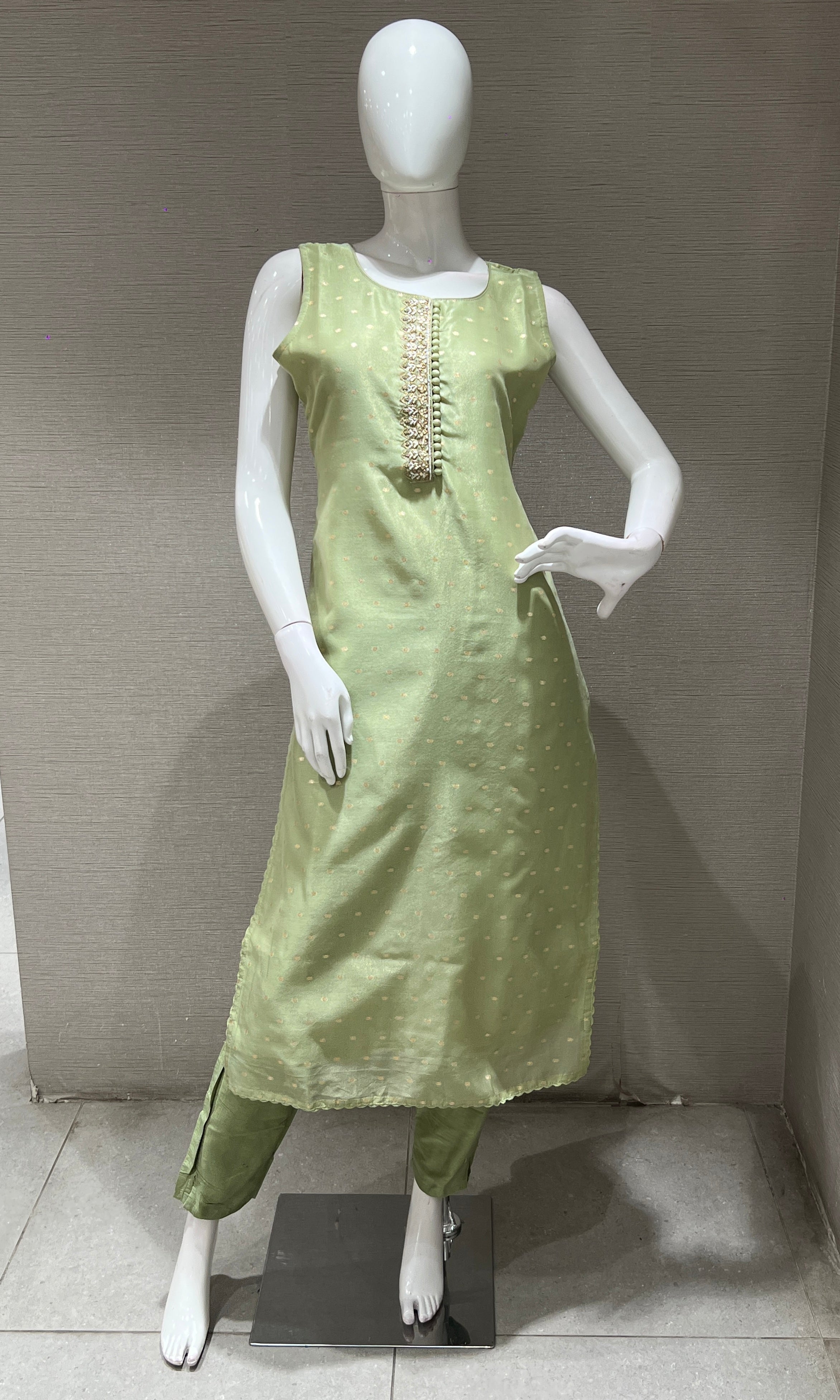 Pista Green kurta set with striped dupatta