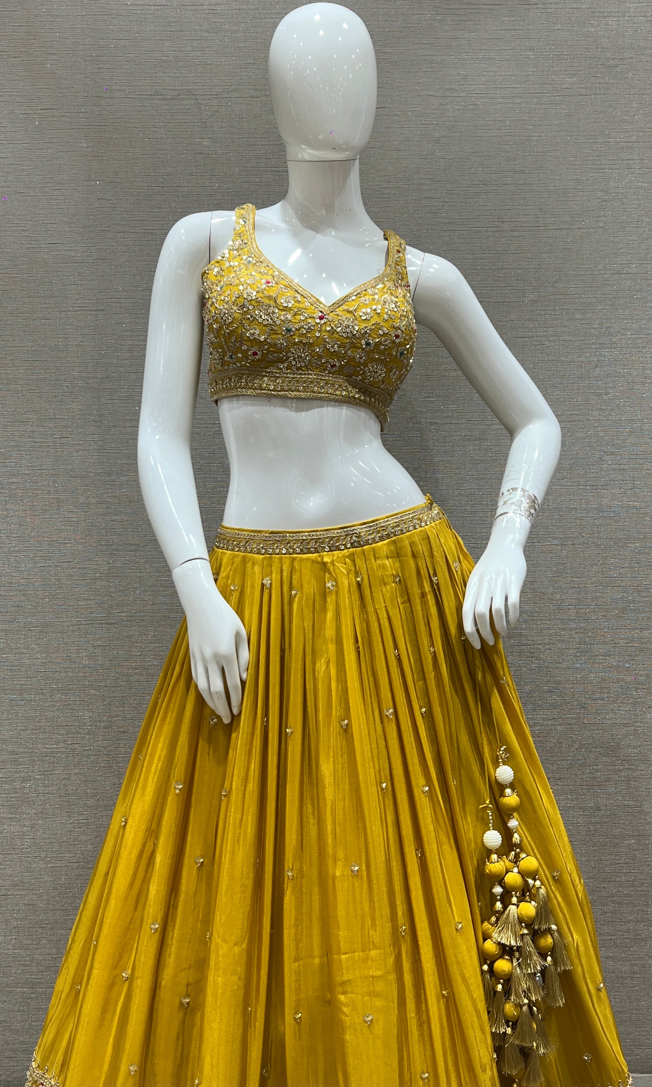 Sunehri- Mustard Yellow Lehenga with Gold and Floral Embroidery Work