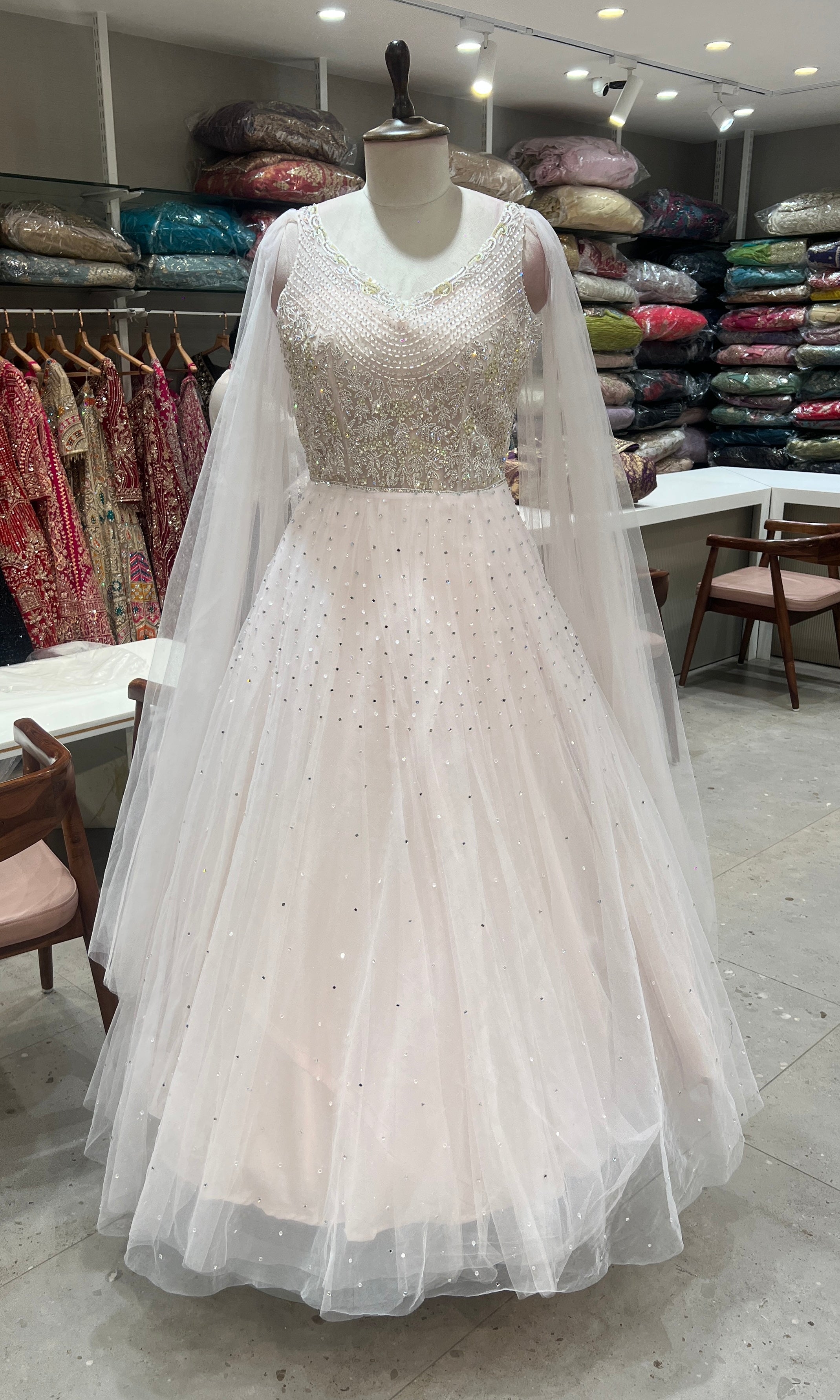 Baby pink Crystal Gown with Embroidered Yoke