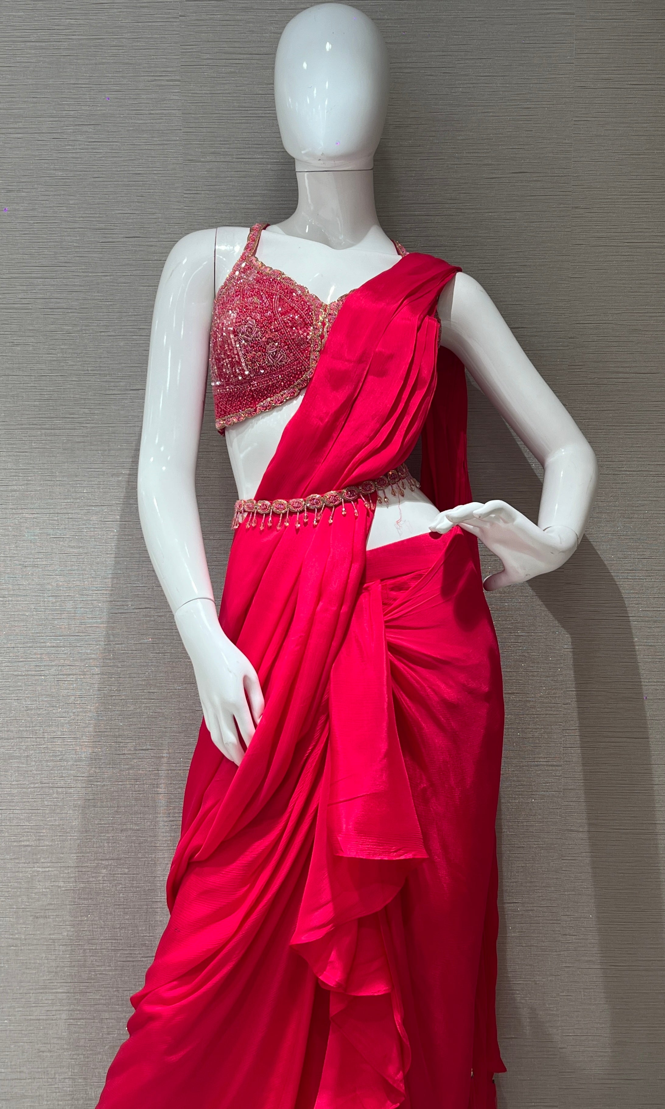 Rani Pink Ruffle drape saree with embroidered blouse