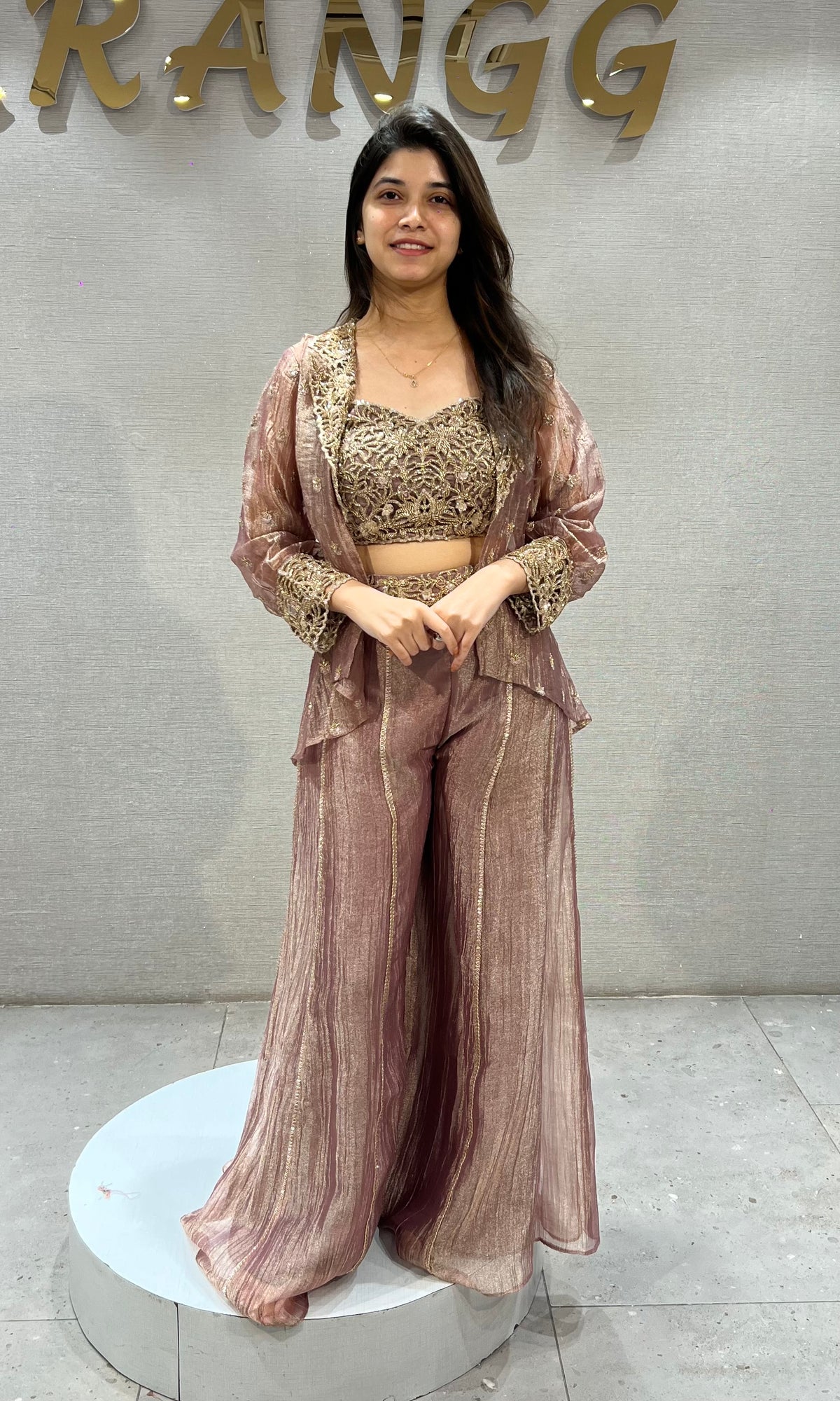Elegant Rose Gold Shimmer Crop top Palazzo Set