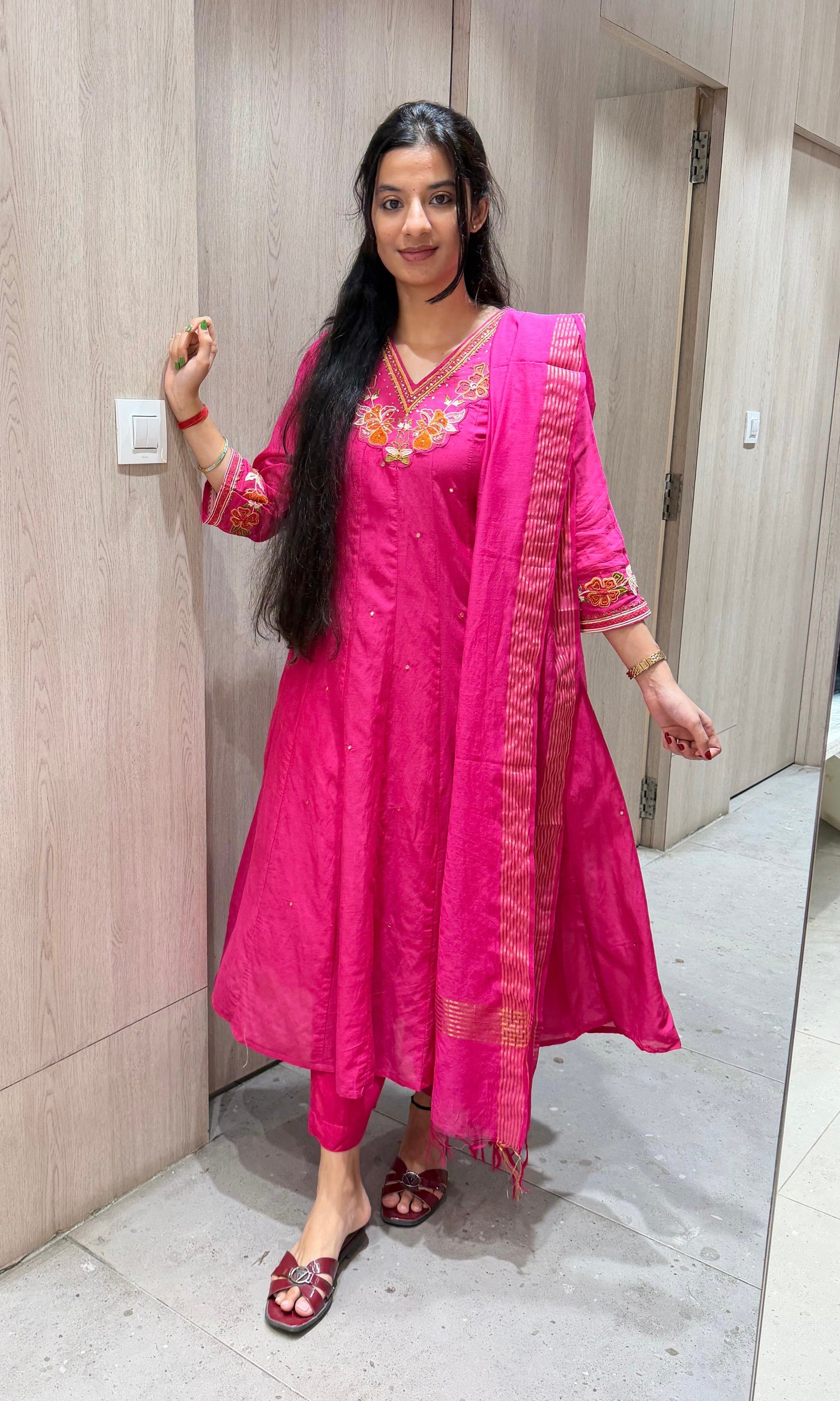 Pink FLORAL NECK LINE EMBROIDERED ANARKALI