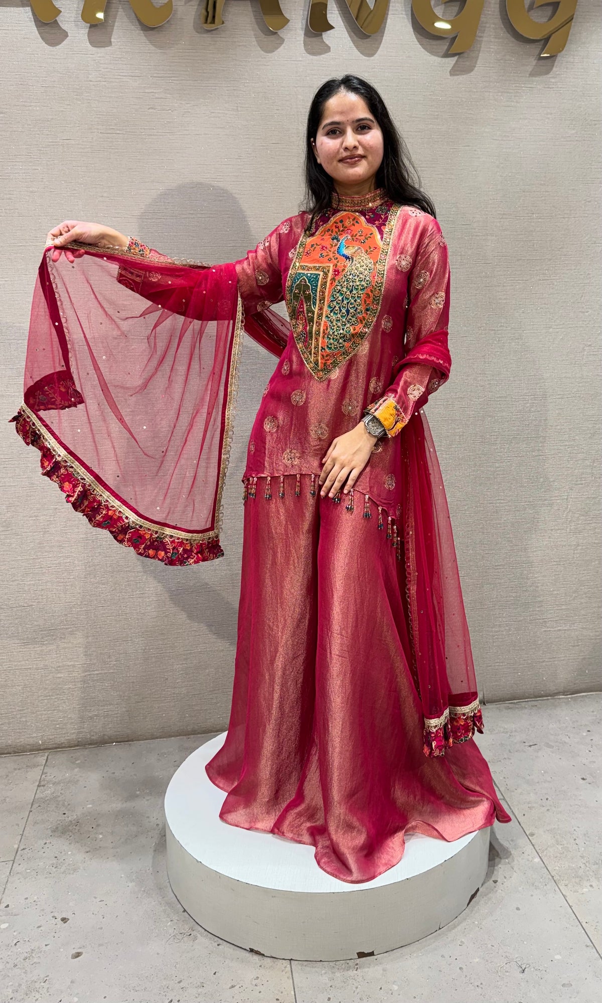 Pink Mayura Embroidered Shimmer Silk Palazzo Set