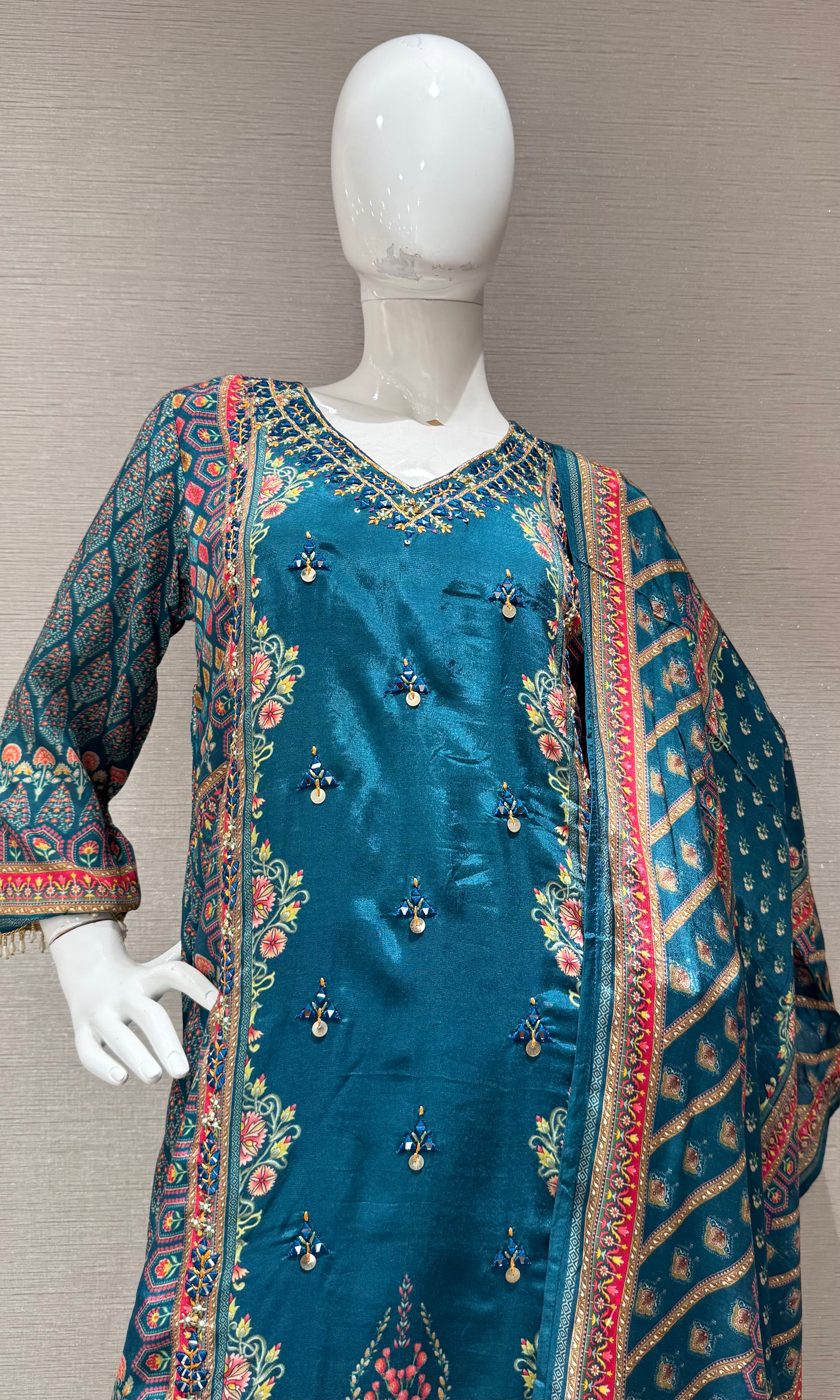 Sea green Embroidered Salwar Suit with Floral Dupatta