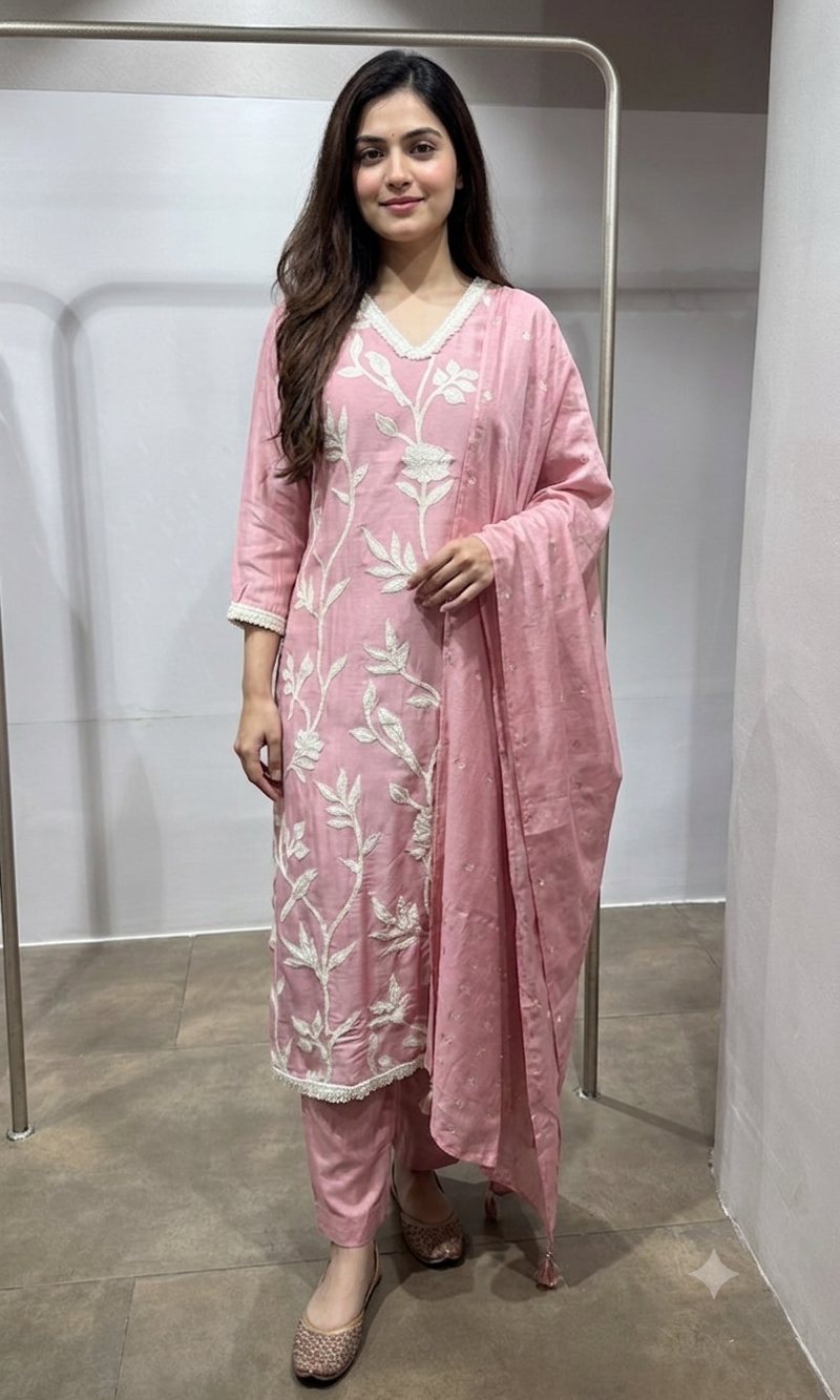 Rose Pink Floral Embroidered Kurta Set