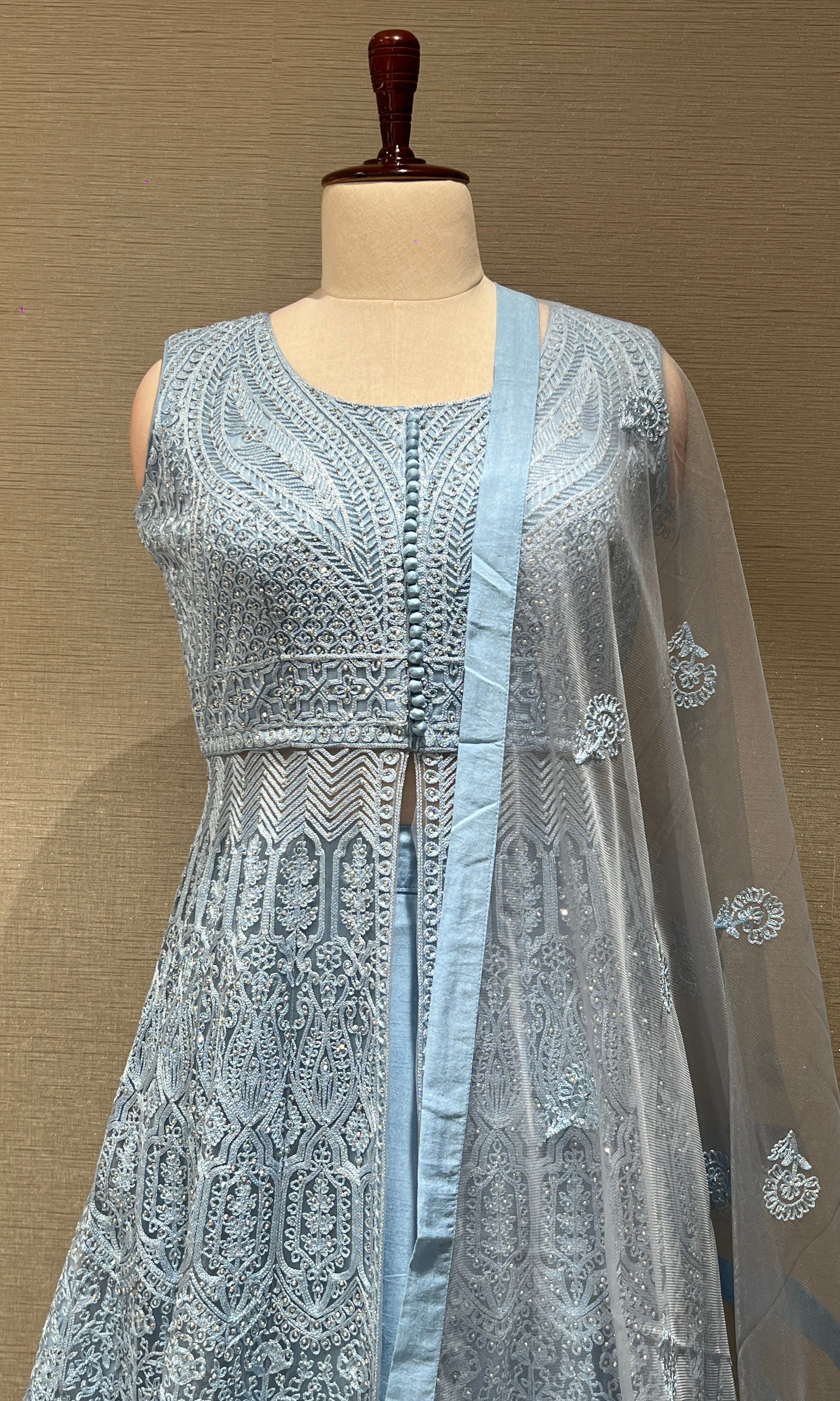 Blue EMBROIDERED front silt Anarkali SET