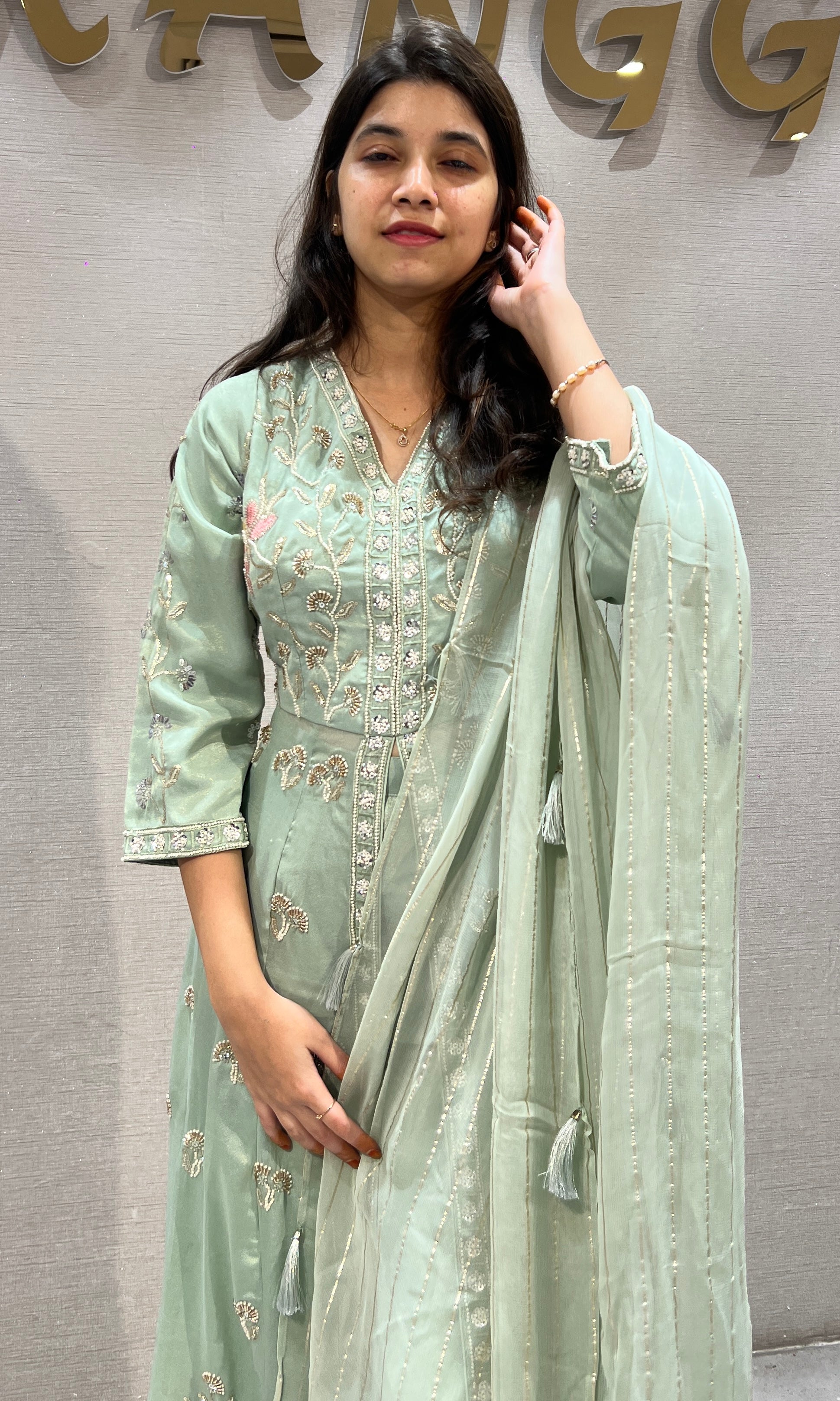 Sea Green Ethnic Anarkali front slit with Palazzo pants