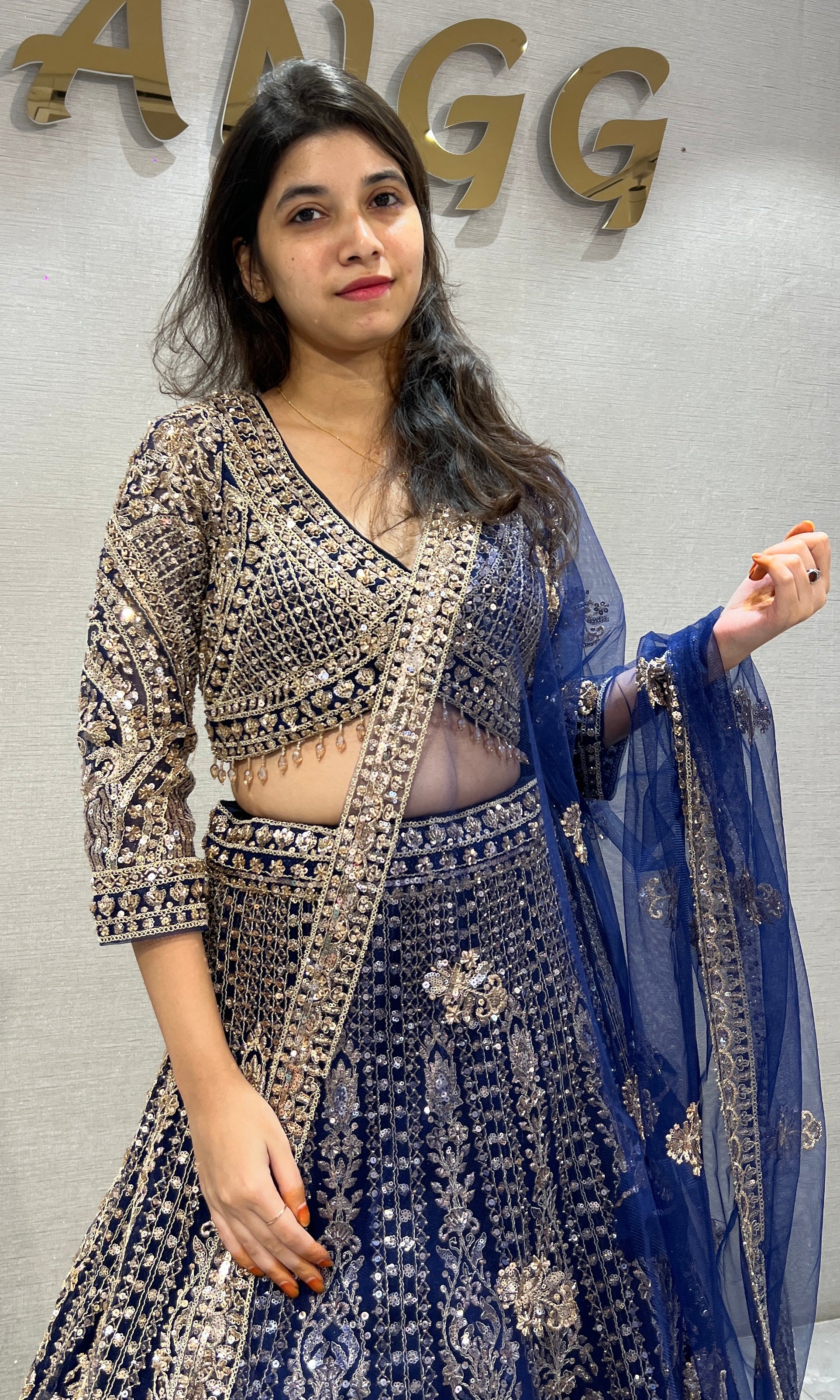 Navy Blue and Gold Heavy Embroidered Lehenga Choli Set
